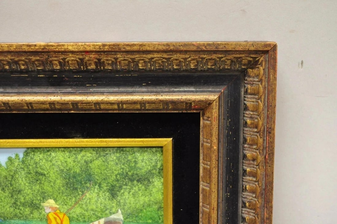 Late 20th Century Daniel Belliard Enamel on Copper Small Framed Painting Fisherman in Boat on Lake - 5