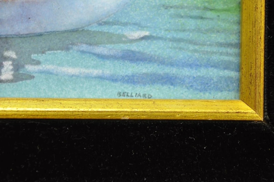 Late 20th Century Daniel Belliard Enamel on Copper Small Framed Painting Fisherman in Boat on Lake - 6