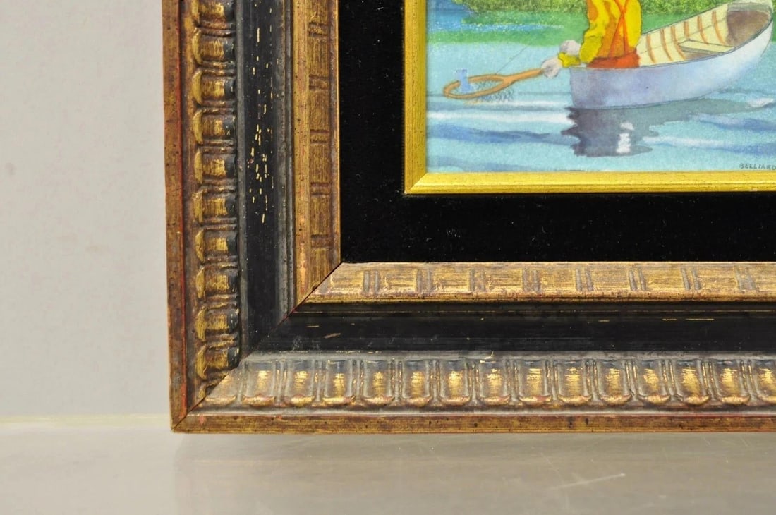 Late 20th Century Daniel Belliard Enamel on Copper Small Framed Painting Fisherman in Boat on Lake - 7