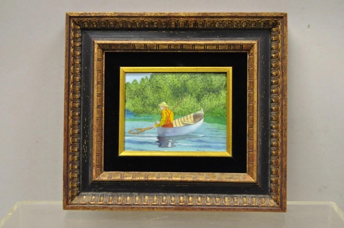 Late 20th Century Daniel Belliard Enamel on Copper Small Framed Painting Fisherman in Boat on Lake - 8