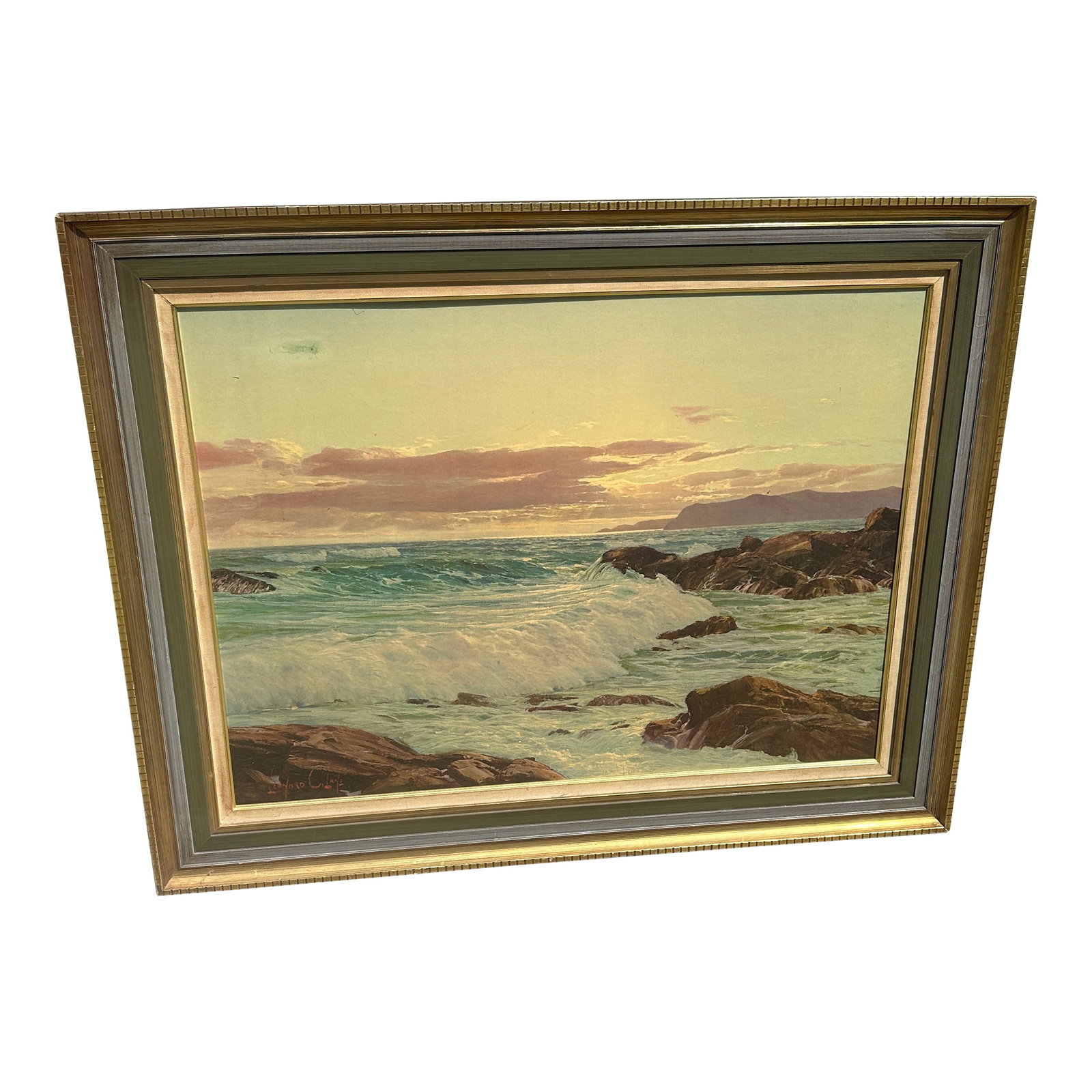 1970s Large Seascape Ocean Print in Gold Frame: Up for consideration is a beautiful vintage large seascape ocean print in a gold frame. This would look lovely in your home and it is the perfect conversation starter for your guests! This is also