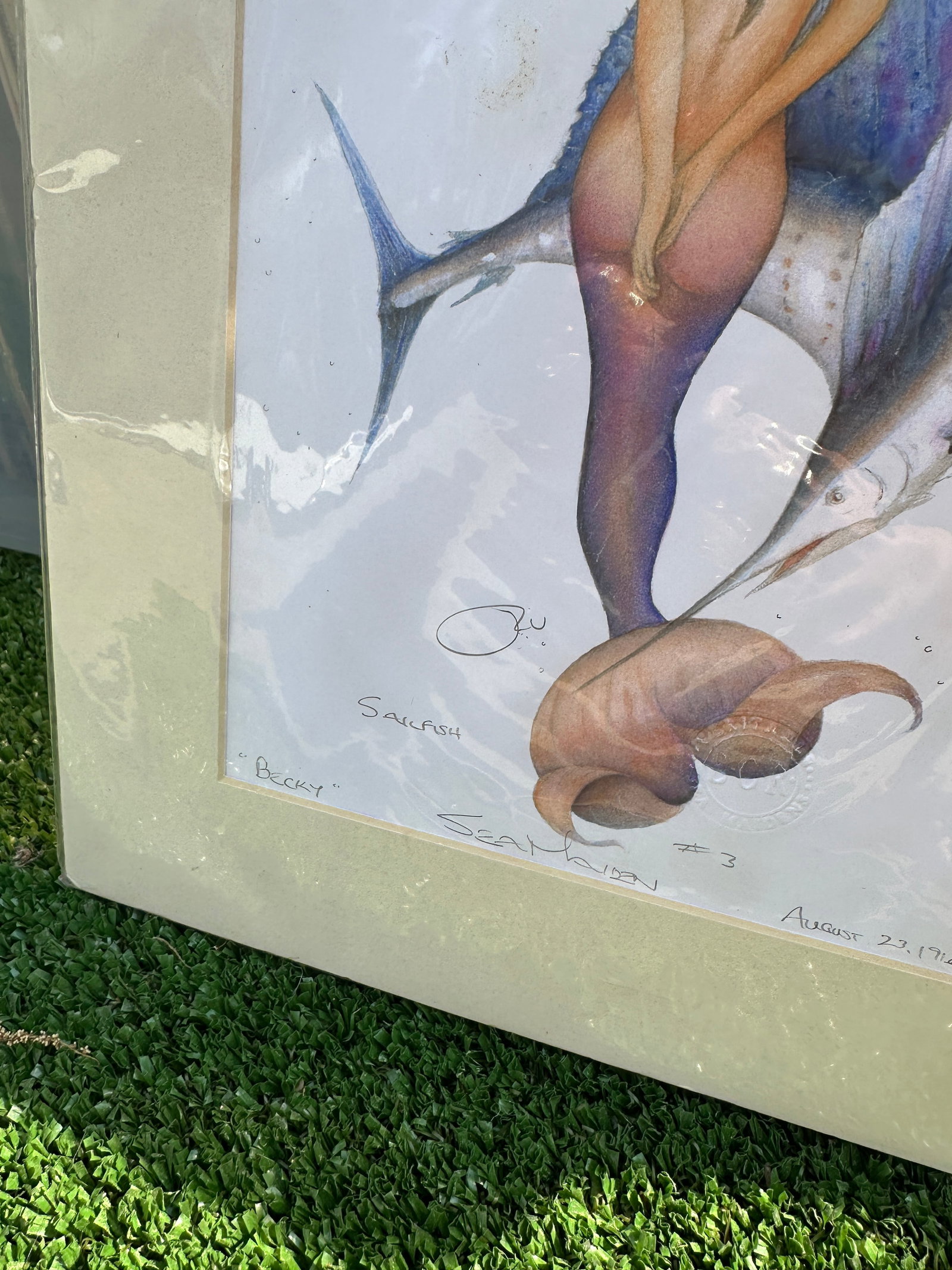 1910s Sealed Original Drawing of a Mermaid in Paper Frame - 2