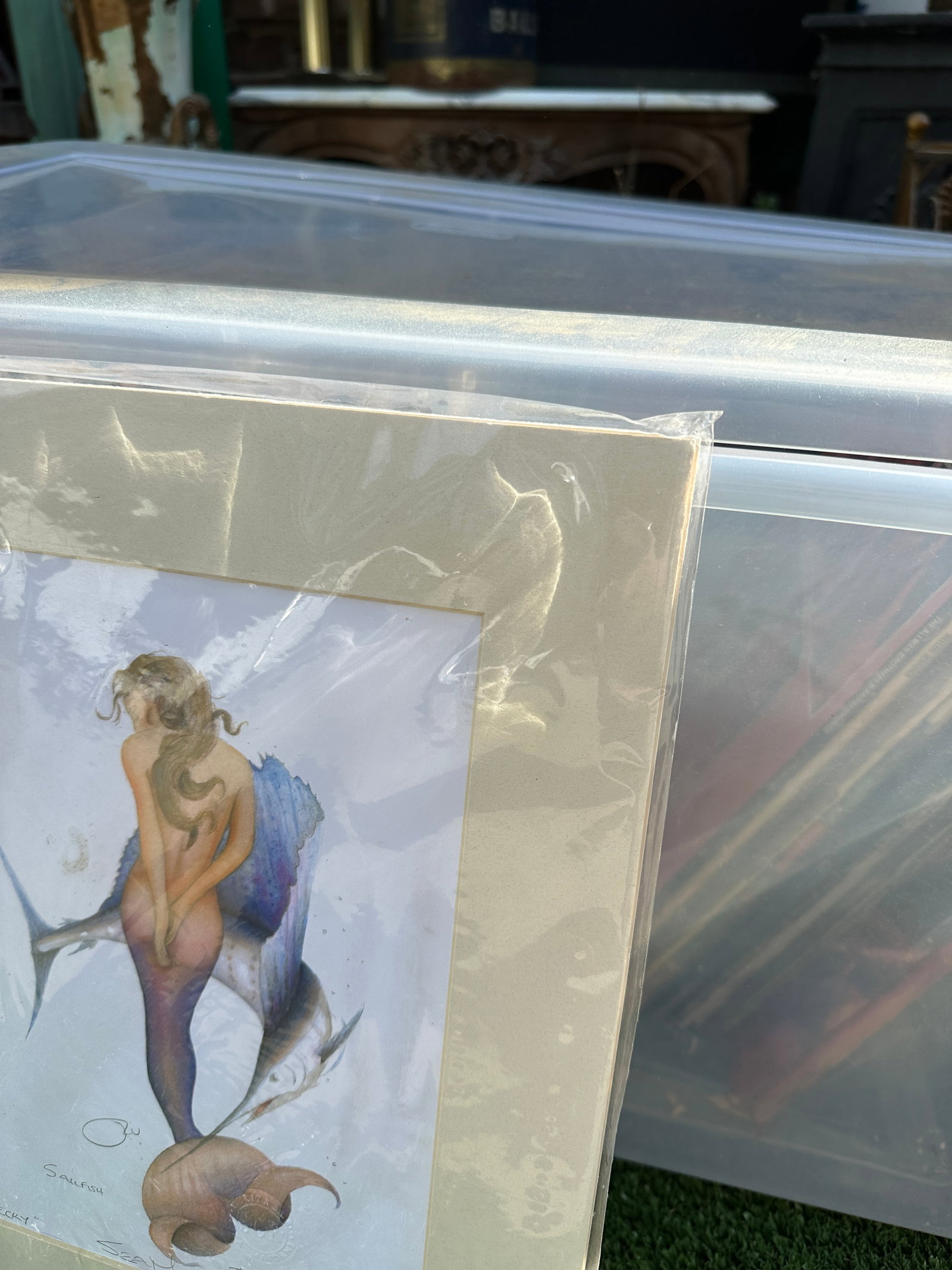 1910s Sealed Original Drawing of a Mermaid in Paper Frame - 3