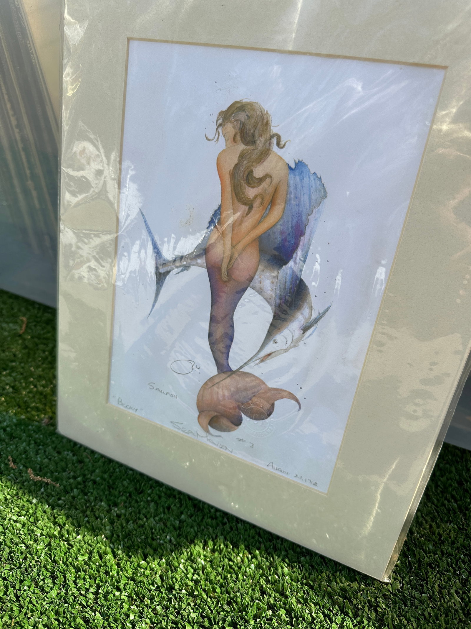 1910s Sealed Original Drawing of a Mermaid in Paper Frame - 6