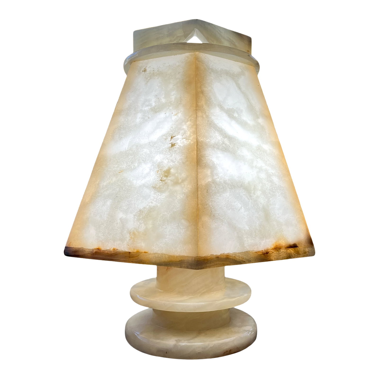 1970s Sculptural Alabaster Table Lamp With Hexagonal Shade - 14" H: A striking vintage alabaster table lamp from the 1970s, showcasing the timeless appeal of hand-carved stone and soft, atmospheric light. This sculptural lamp features a faceted hexagonal alabaster sha