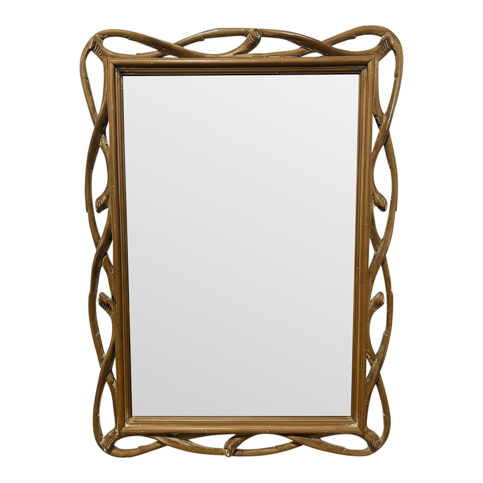 Italian Faux Bois Wall Mirror With Carved Wood Frame, Rustic Style: Carved in the faux bois tradition, this wall mirror presents an interlaced, branch-and-vine perimeter that simulates natural saplings gathered and woven into an architectural border. The frame is