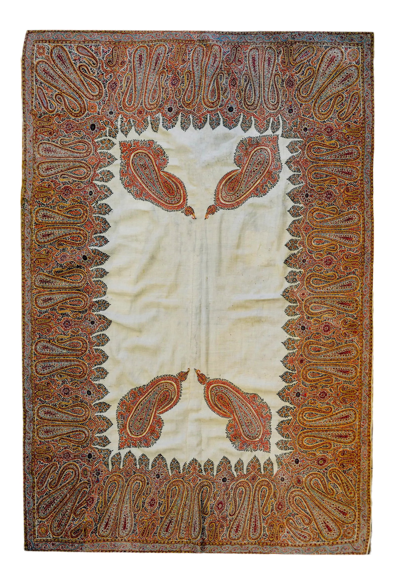 Early 20th Century Kirman Suzani Textile: An unbelievable early 20th century Kirman silk embroidered Suzani textile with a beautiful pattern of densely embroidered paisley pattern woven in myriad colors of silk thread surrounding a