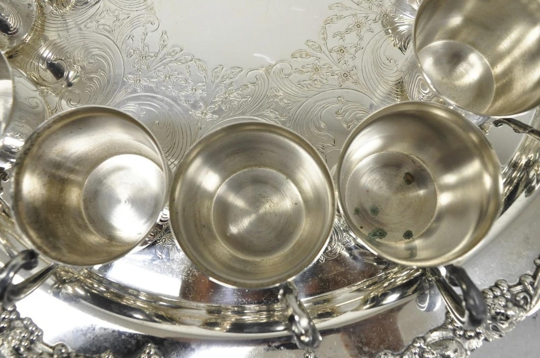 Vintage Sheridan Victorian Silver Plated Punch Bowl Set W/ 12 Cups and Tray - 11