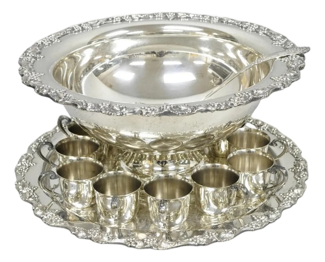 Vintage Sheridan Victorian Silver Plated Punch Bowl Set W/ 12 Cups and Tray (1 of 18)