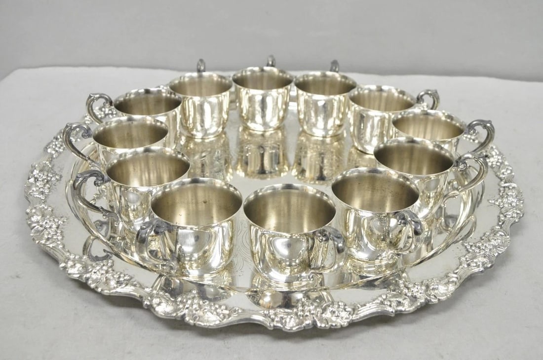 Vintage Sheridan Victorian Silver Plated Punch Bowl Set W/ 12 Cups and Tray - 2