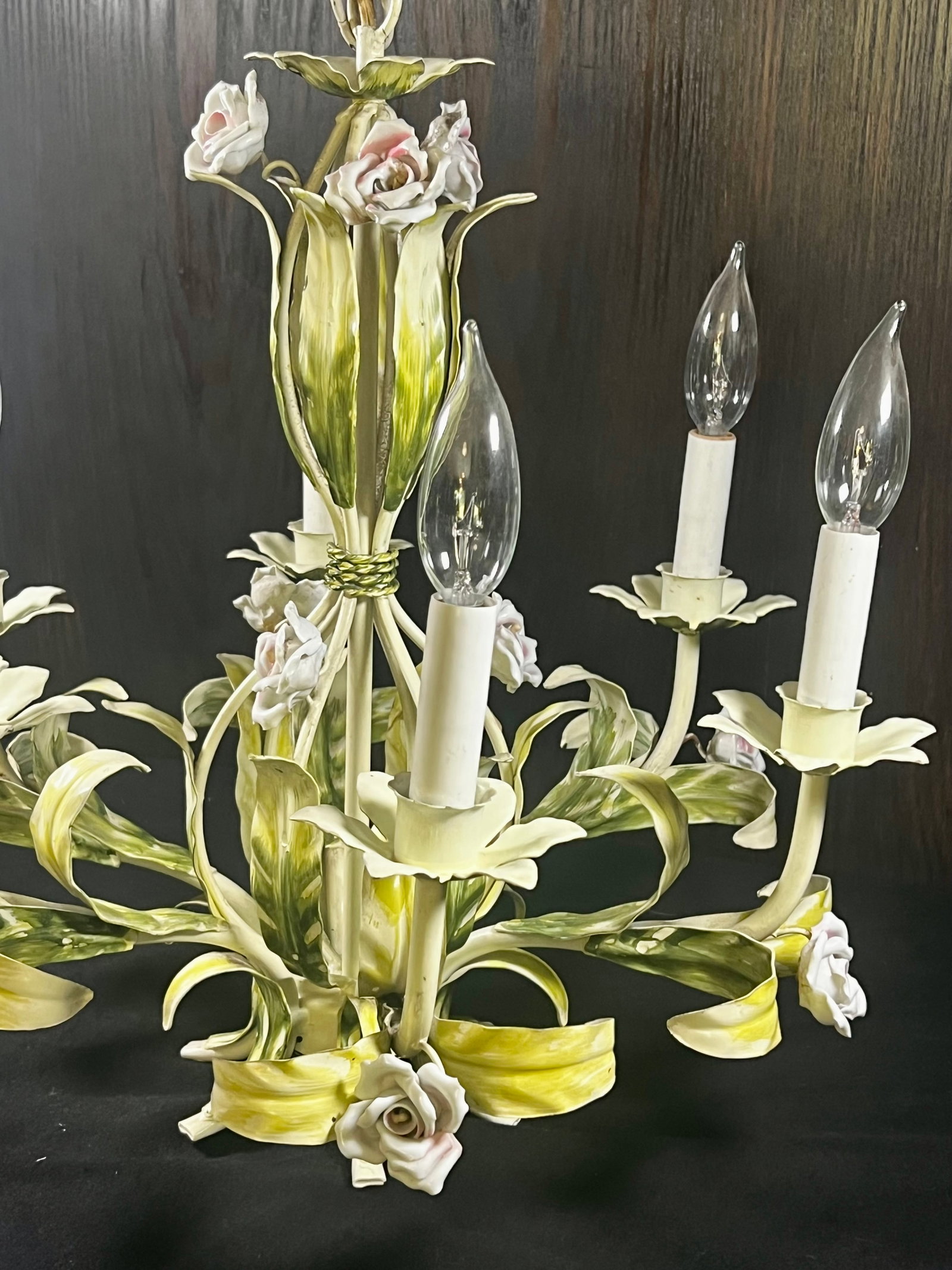 Vintage Tole Six-Arm Chandelier With Roses & Leaves - 10