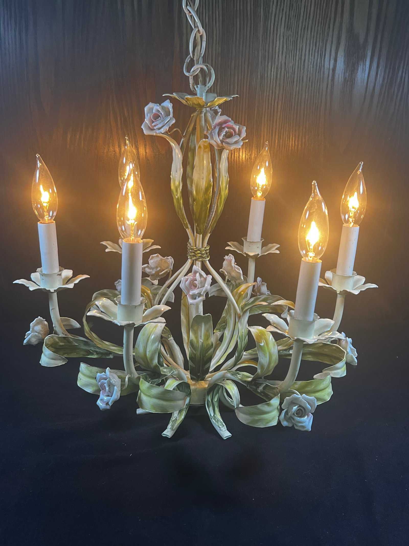 Vintage Tole Six-Arm Chandelier With Roses & Leaves - 11