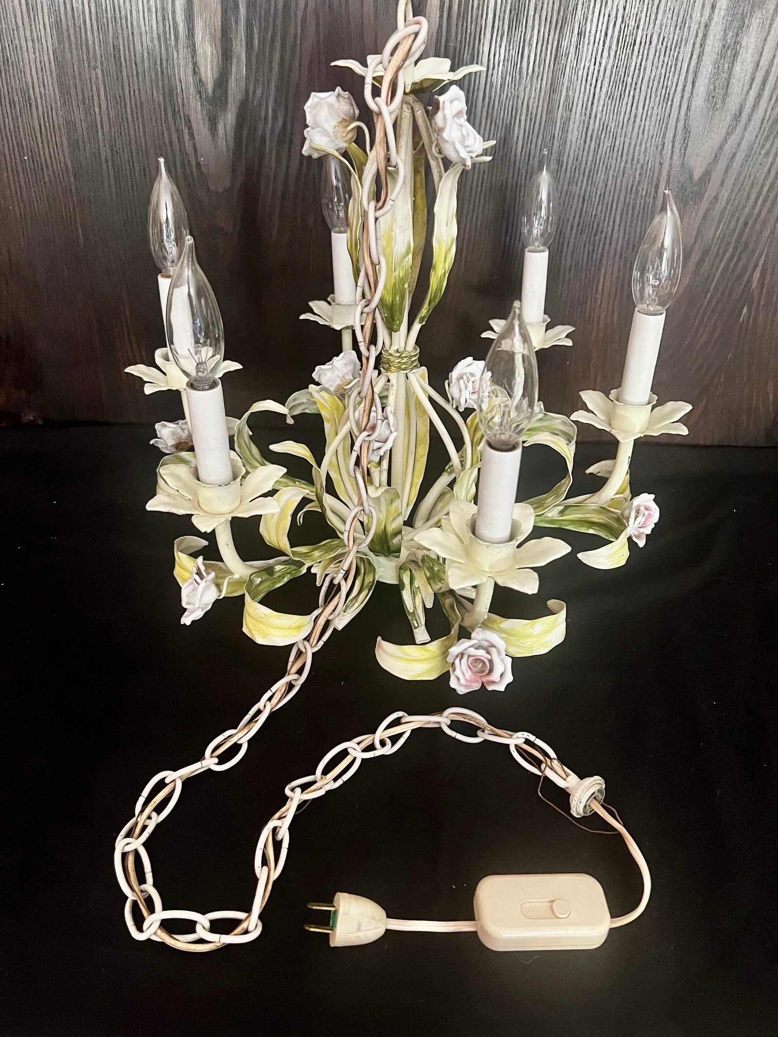 Vintage Tole Six-Arm Chandelier With Roses & Leaves - 15