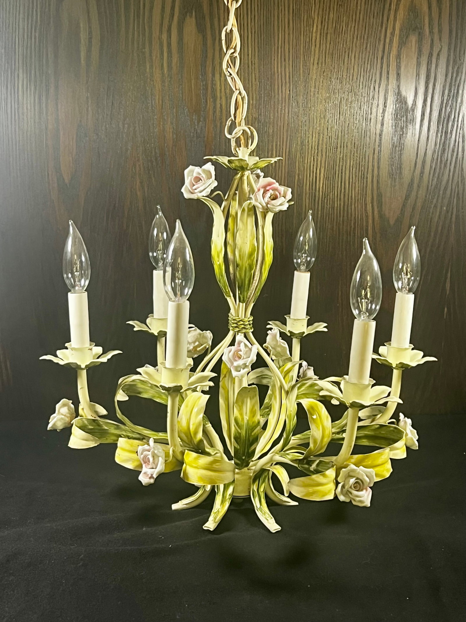 Vintage Tole Six-Arm Chandelier With Roses & Leaves - 16