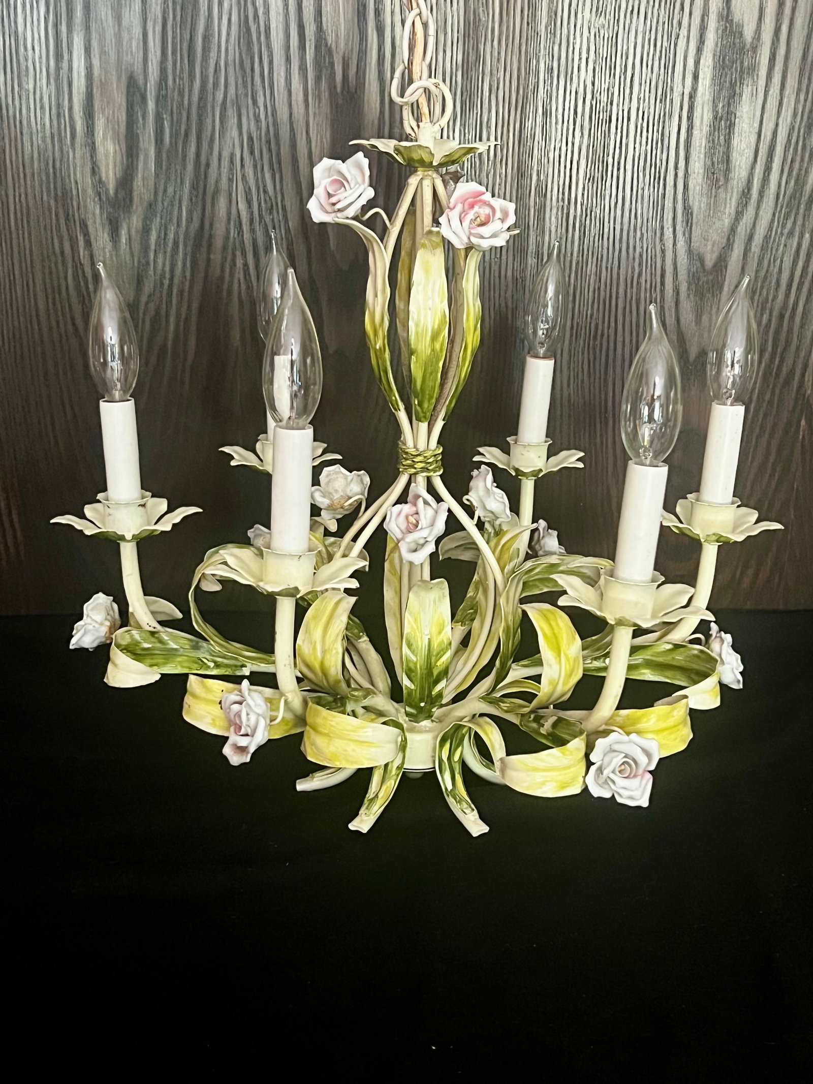 Vintage Tole Six-Arm Chandelier With Roses & Leaves - 2
