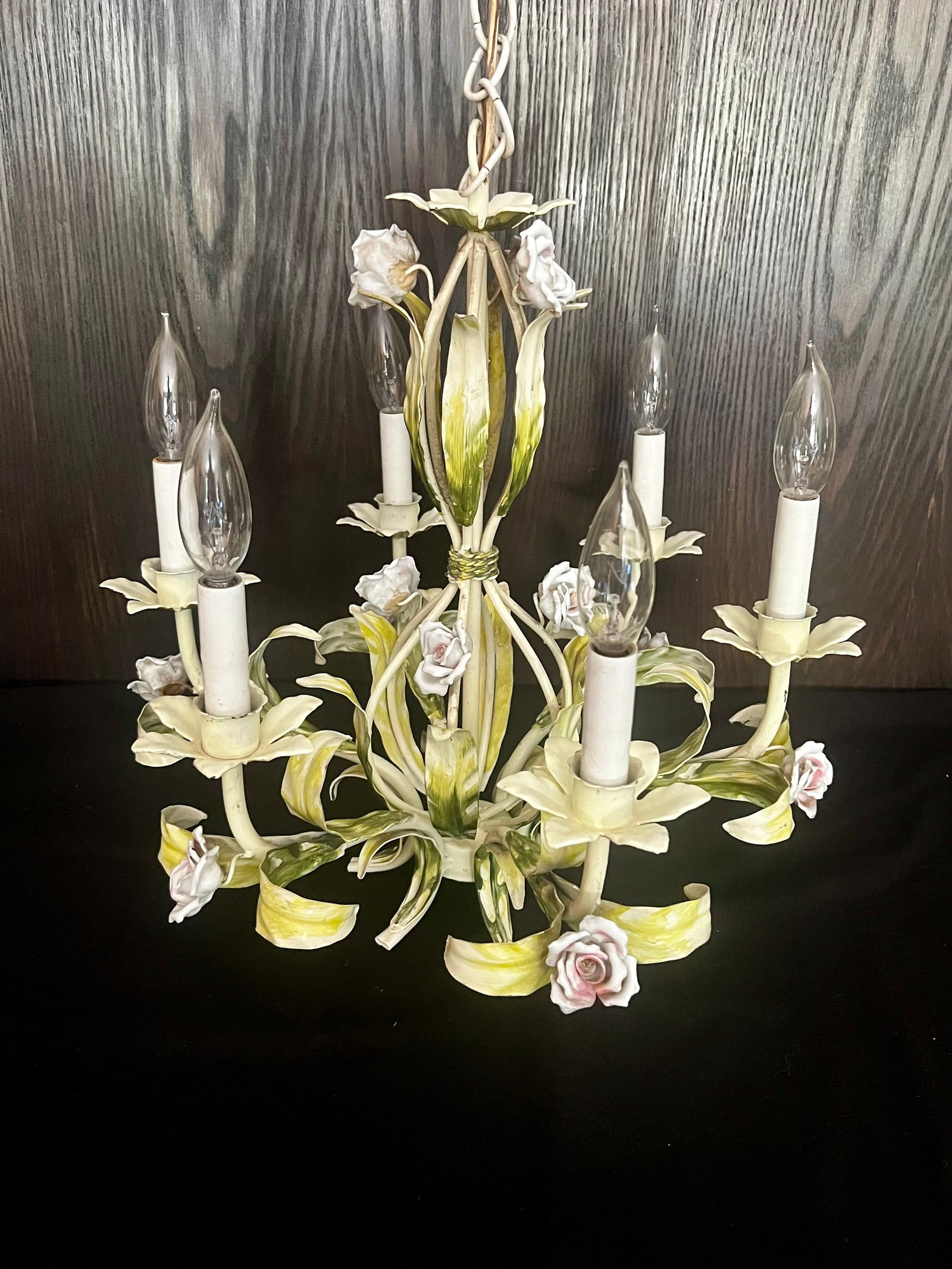 Vintage Tole Six-Arm Chandelier With Roses & Leaves - 3