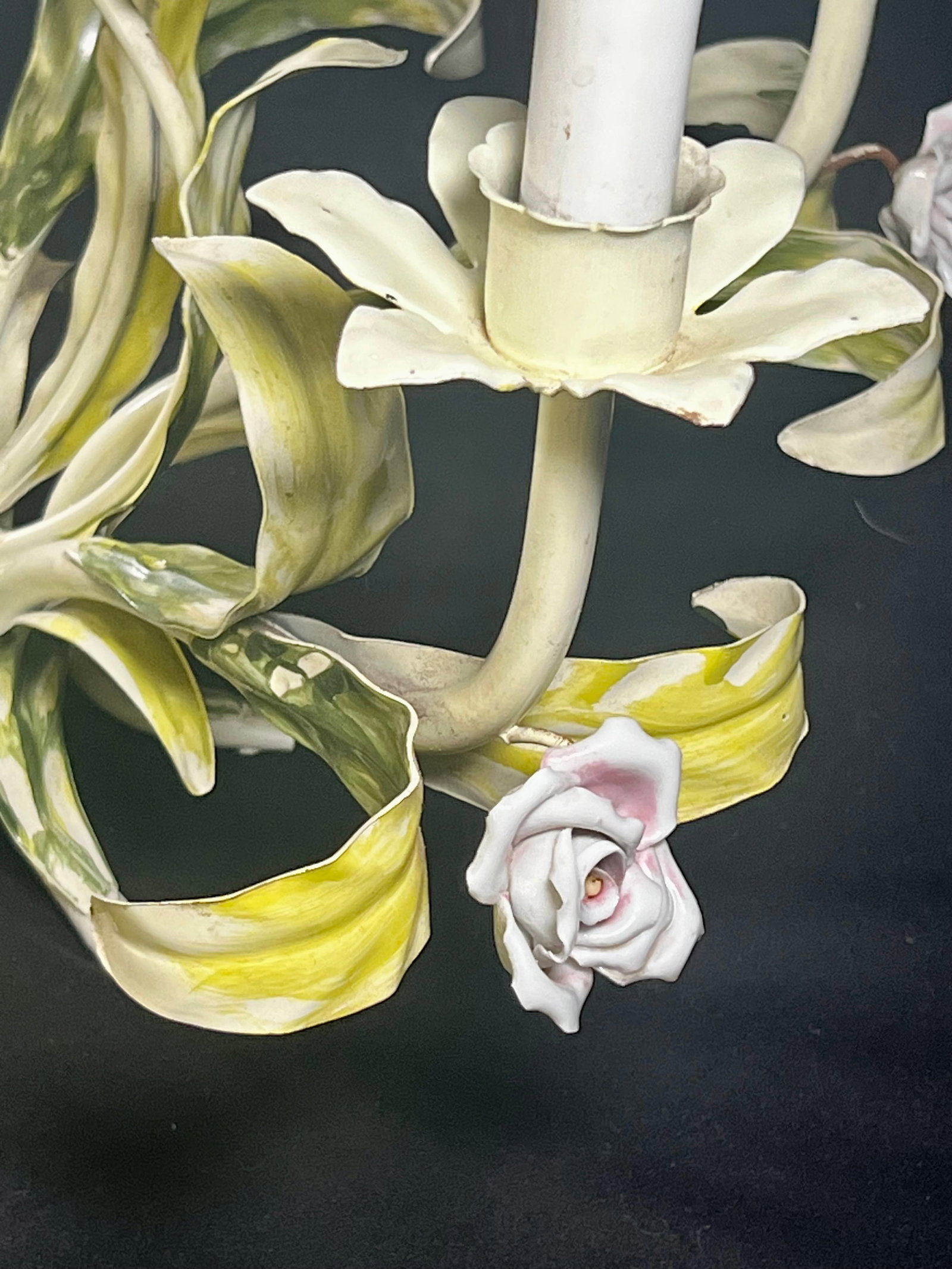 Vintage Tole Six-Arm Chandelier With Roses & Leaves - 5