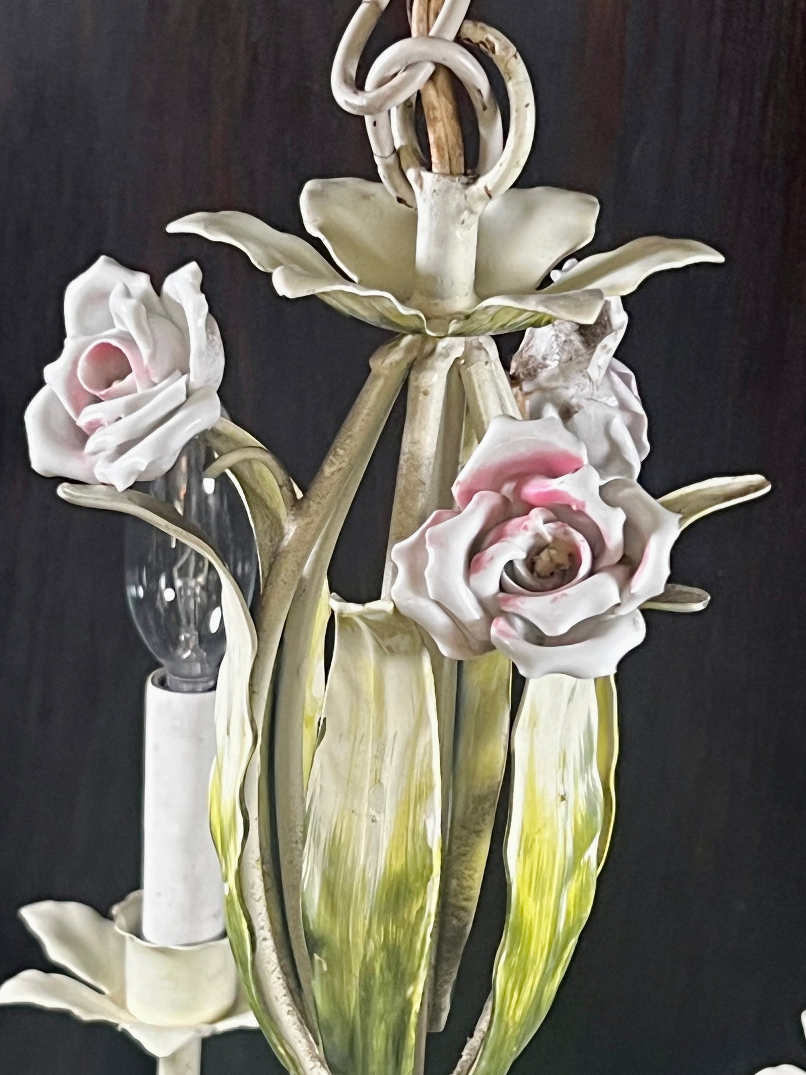 Vintage Tole Six-Arm Chandelier With Roses & Leaves - 6