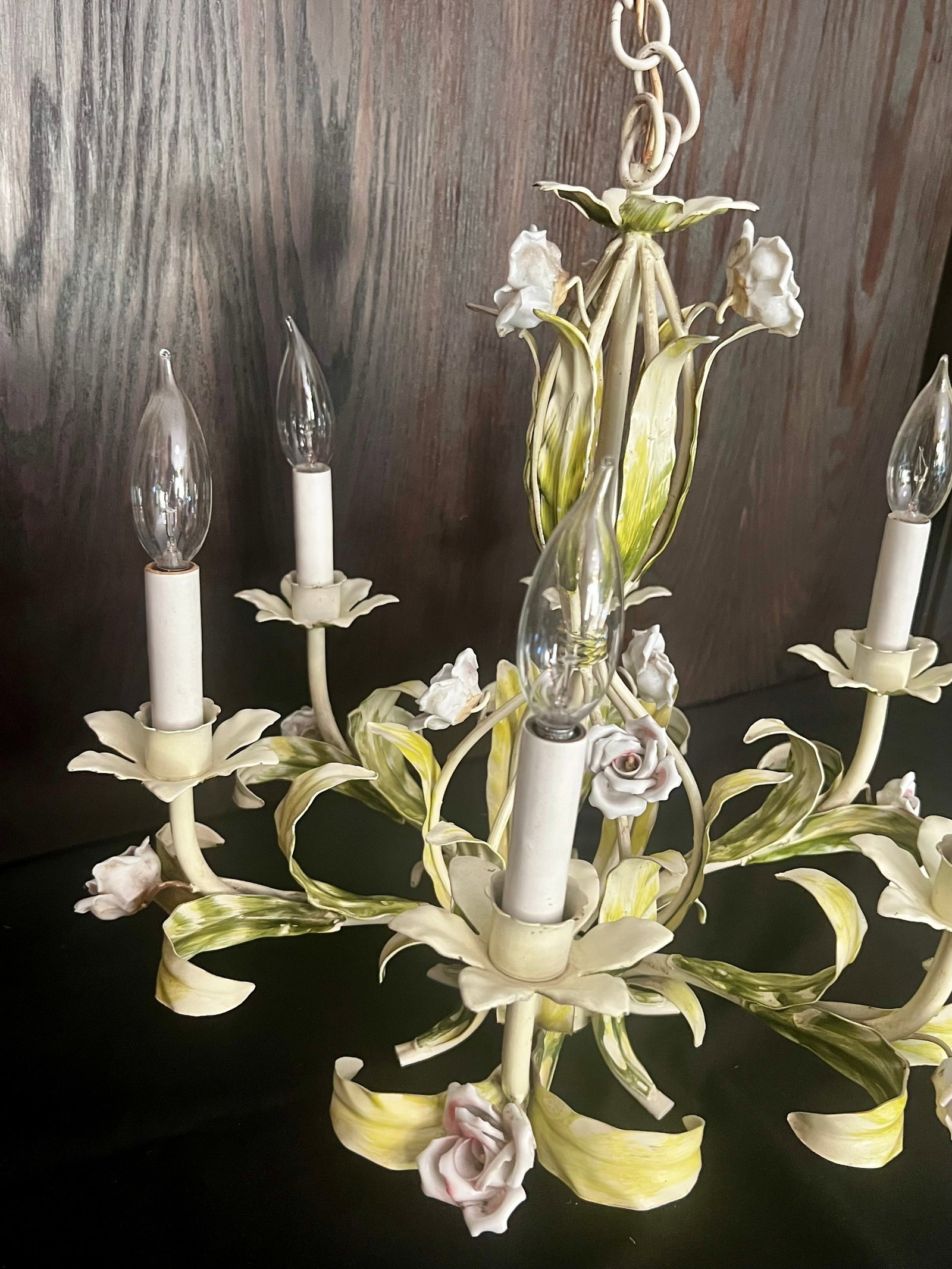 Vintage Tole Six-Arm Chandelier With Roses & Leaves - 8