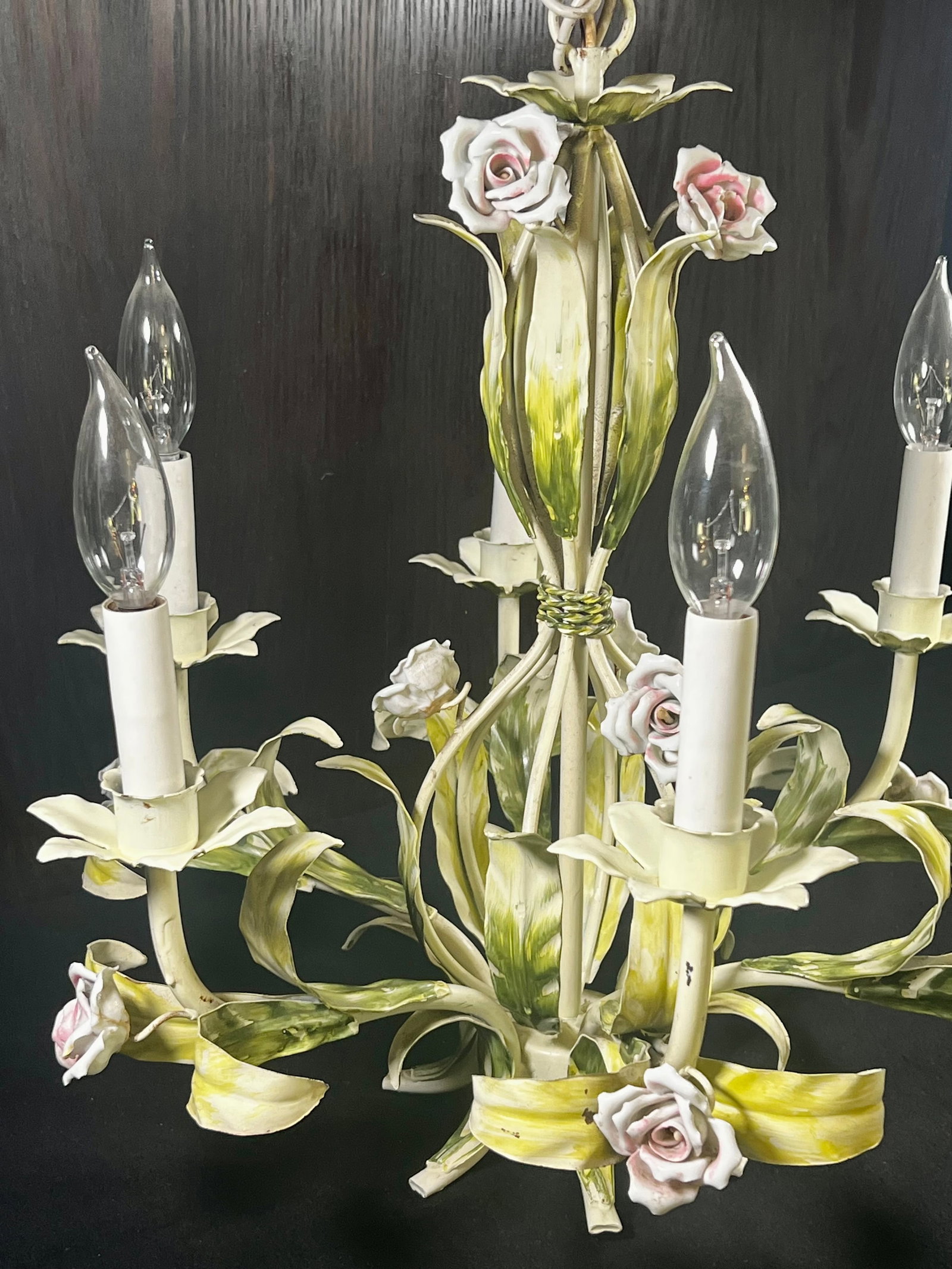 Vintage Tole Six-Arm Chandelier With Roses & Leaves - 9