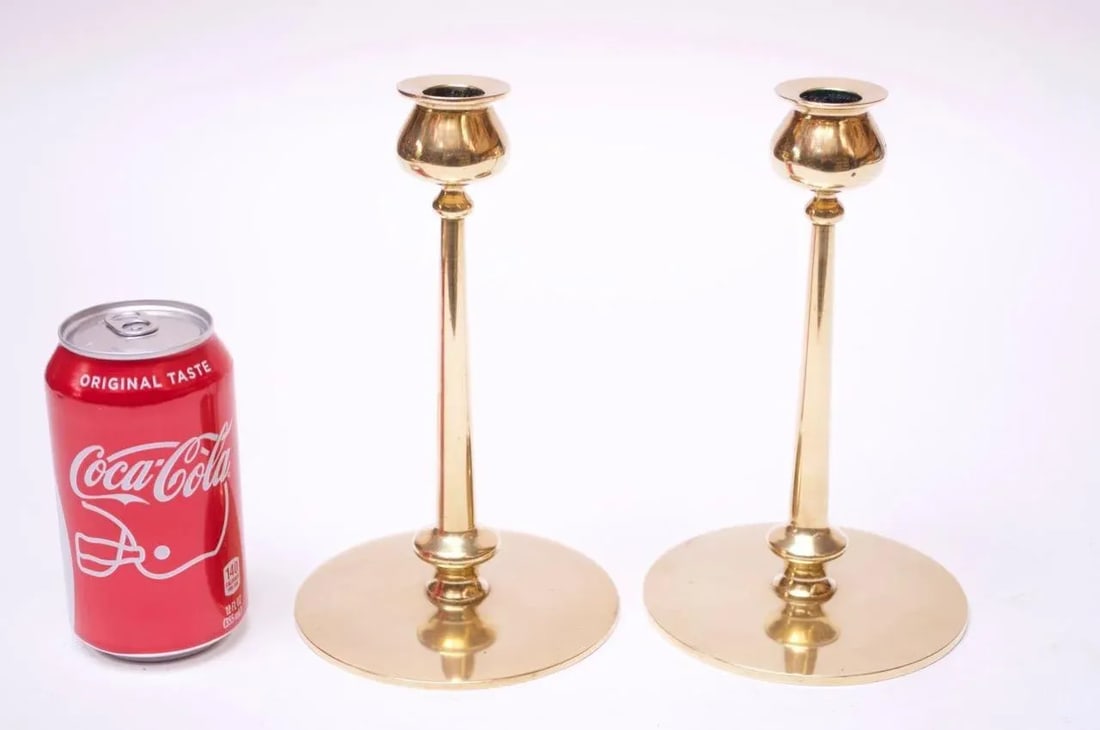 Mid-Century Modern Turned Brass Candlesticks after Jarvie - A Pair - 6
