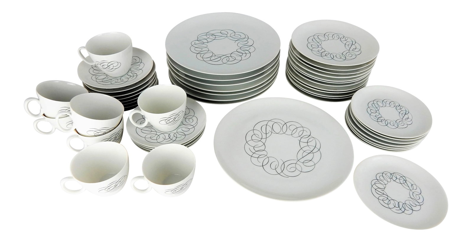 Rosenthal "Script" China by Raymond Loewy S/48: Mid-Century Modern classic Rosenthal "Script" porcelain china as designed by Raymond Loewy. This set includes the following: (8) Cups, 4.5"W to handle end x 3.5"D x 2.5"H; (12) Saucers, 6"Dia x .75"H;