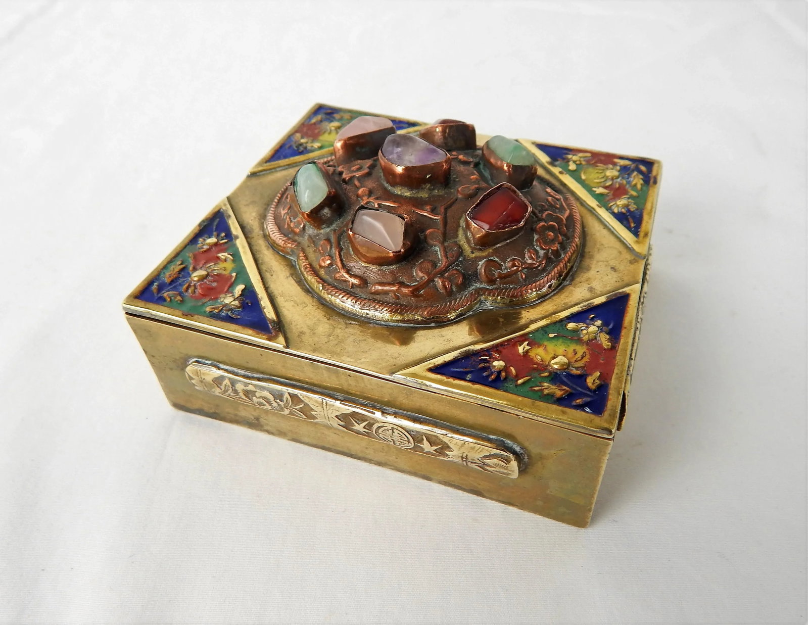 Antique Chinese Brass Box With Semi-Precious Stones - 12