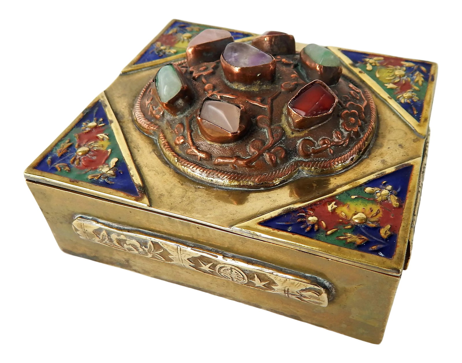 Antique Chinese Brass Box With Semi-Precious Stones: Antique Chinese export brass box featuring decorative enameling and applied semi-precious stones. Base stamped "China". Dimensions: 3.5"W x 3"D x 2"H. Condition: Alterations: Original Condition