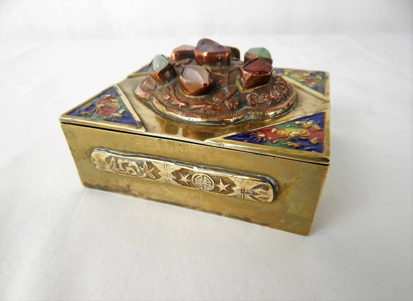 Antique Chinese Brass Box With Semi-Precious Stones - 2
