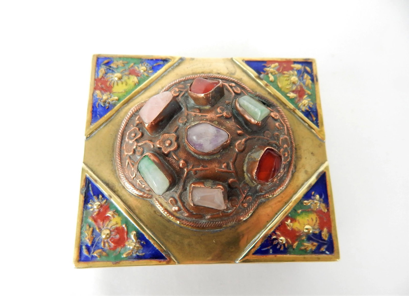 Antique Chinese Brass Box With Semi-Precious Stones - 3