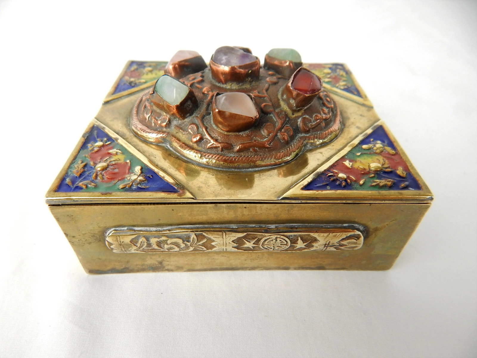 Antique Chinese Brass Box With Semi-Precious Stones - 4