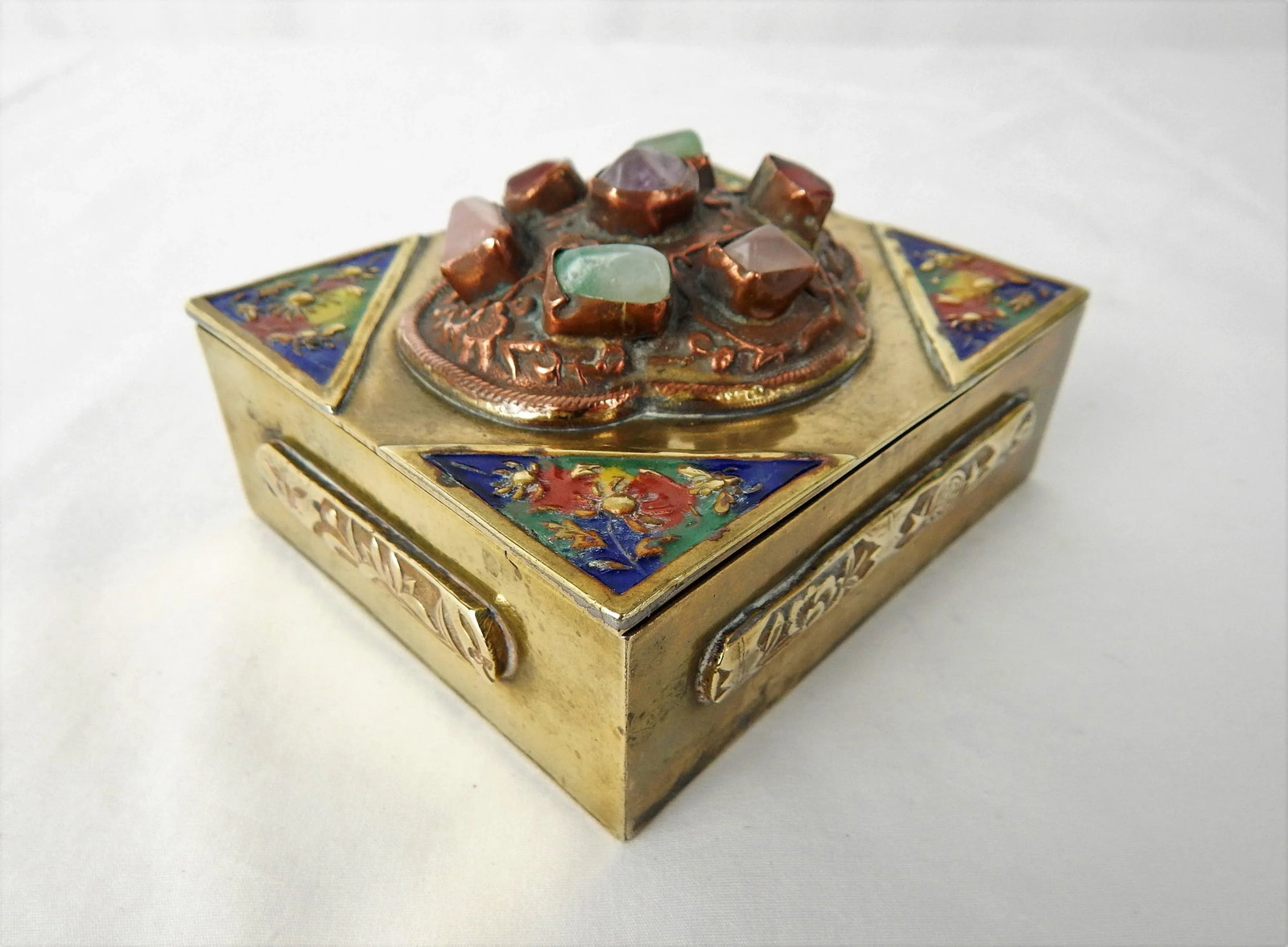 Antique Chinese Brass Box With Semi-Precious Stones - 5