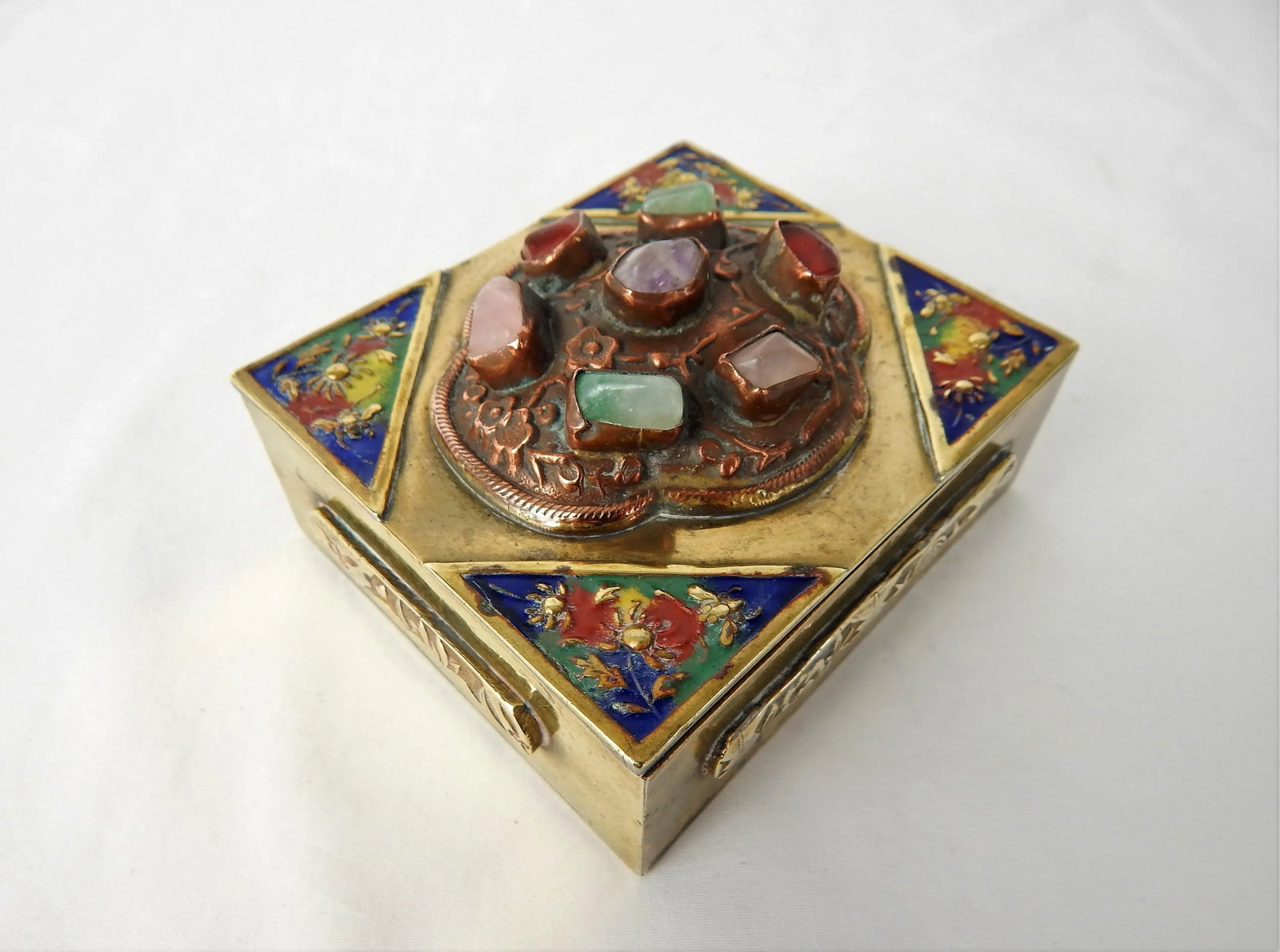 Antique Chinese Brass Box With Semi-Precious Stones - 6