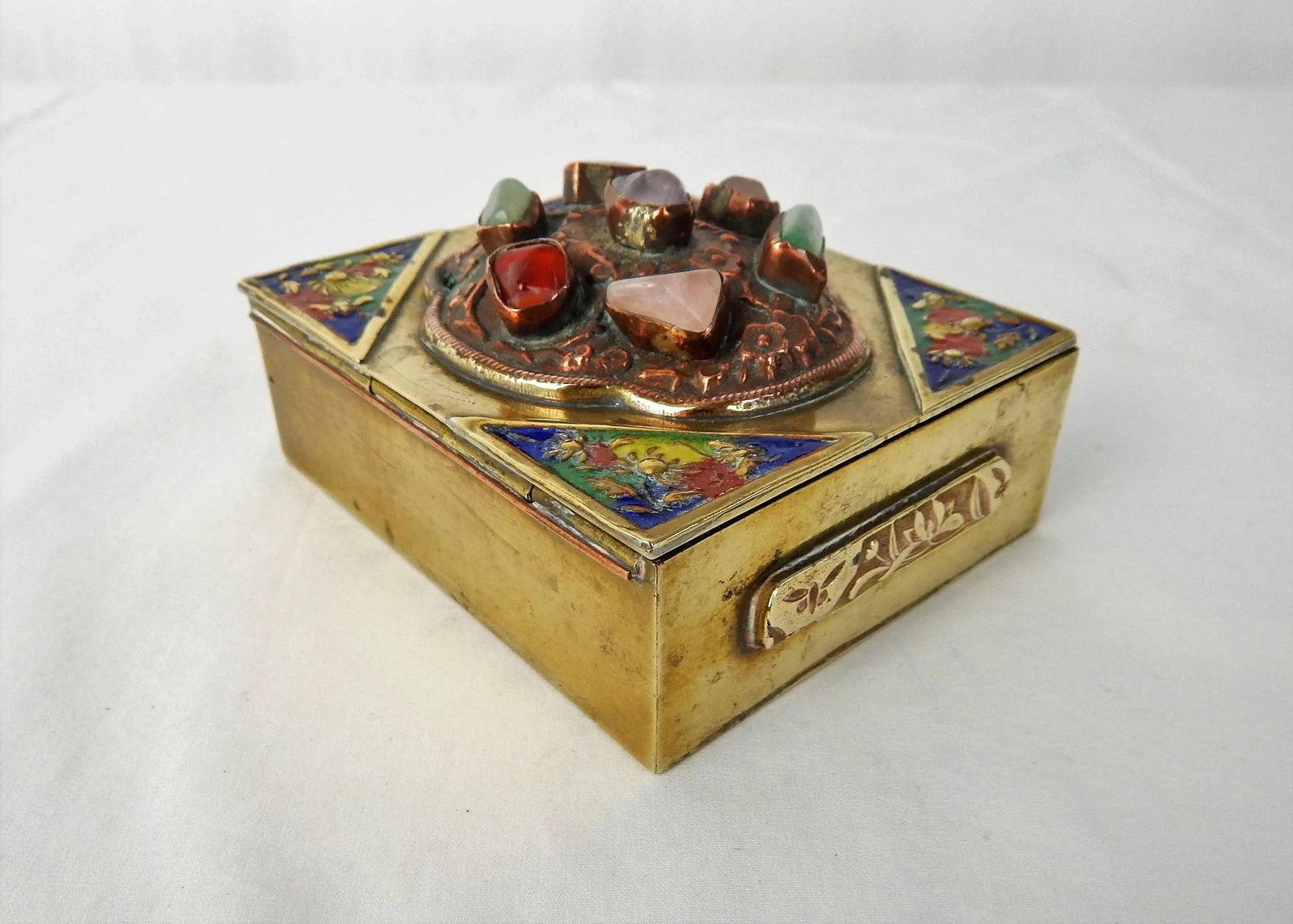 Antique Chinese Brass Box With Semi-Precious Stones - 7