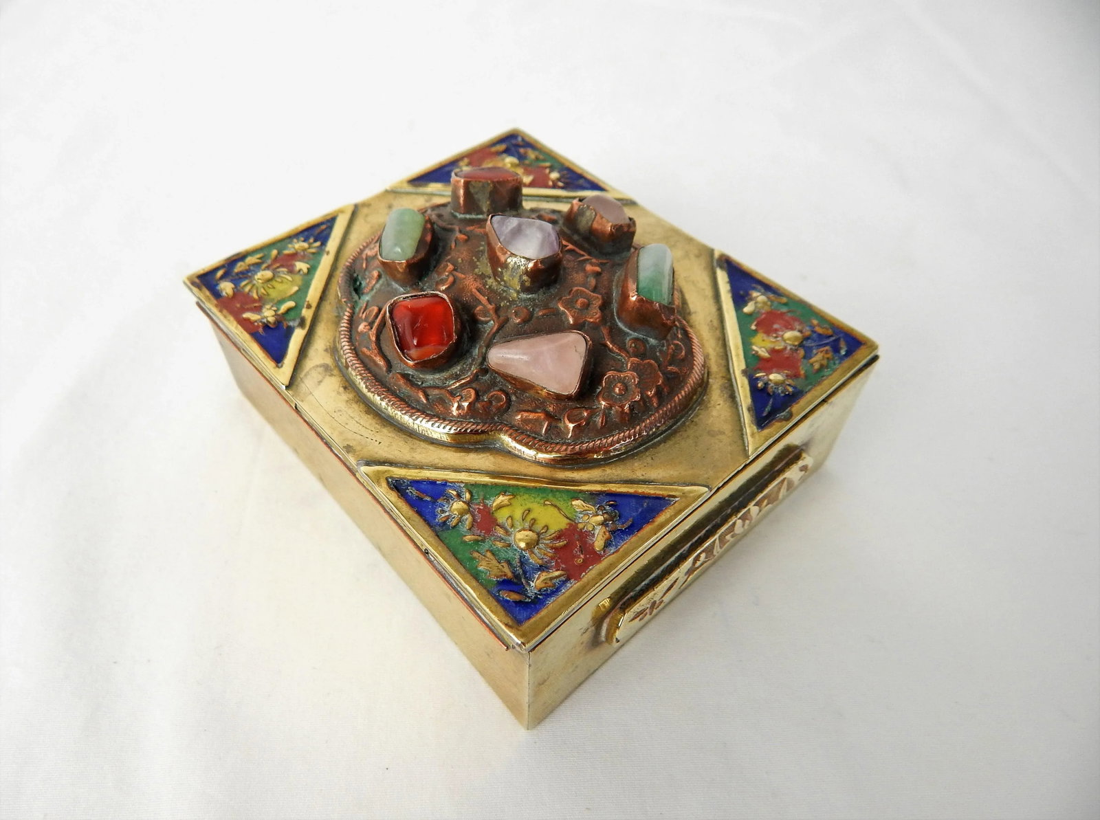 Antique Chinese Brass Box With Semi-Precious Stones - 8