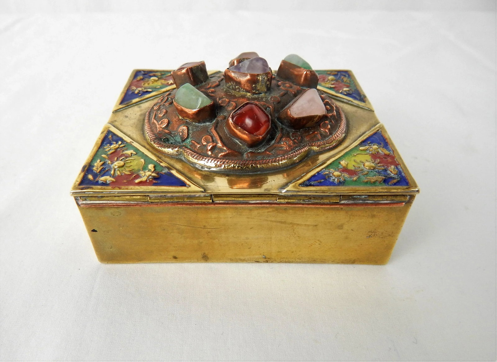 Antique Chinese Brass Box With Semi-Precious Stones - 9