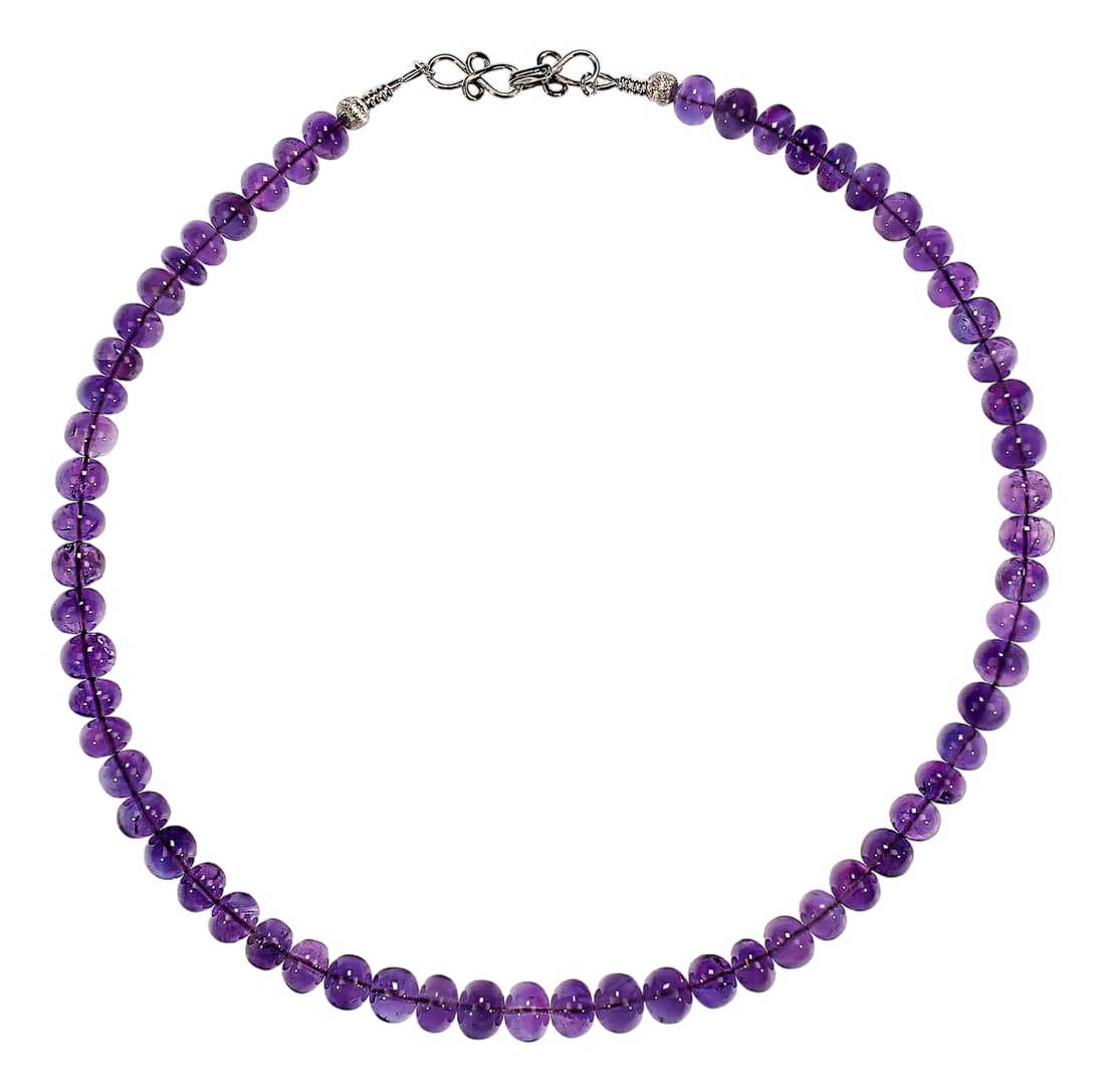 Ajd 18 Inch Glowing Amethyst Rondel Necklace: This exquisite 18-inch glowing transparent amethyst necklace is designed to bring a touch of refined beauty to any jewelry collection. Each highly polished 8mm rondel is smoothly shaped to highlight