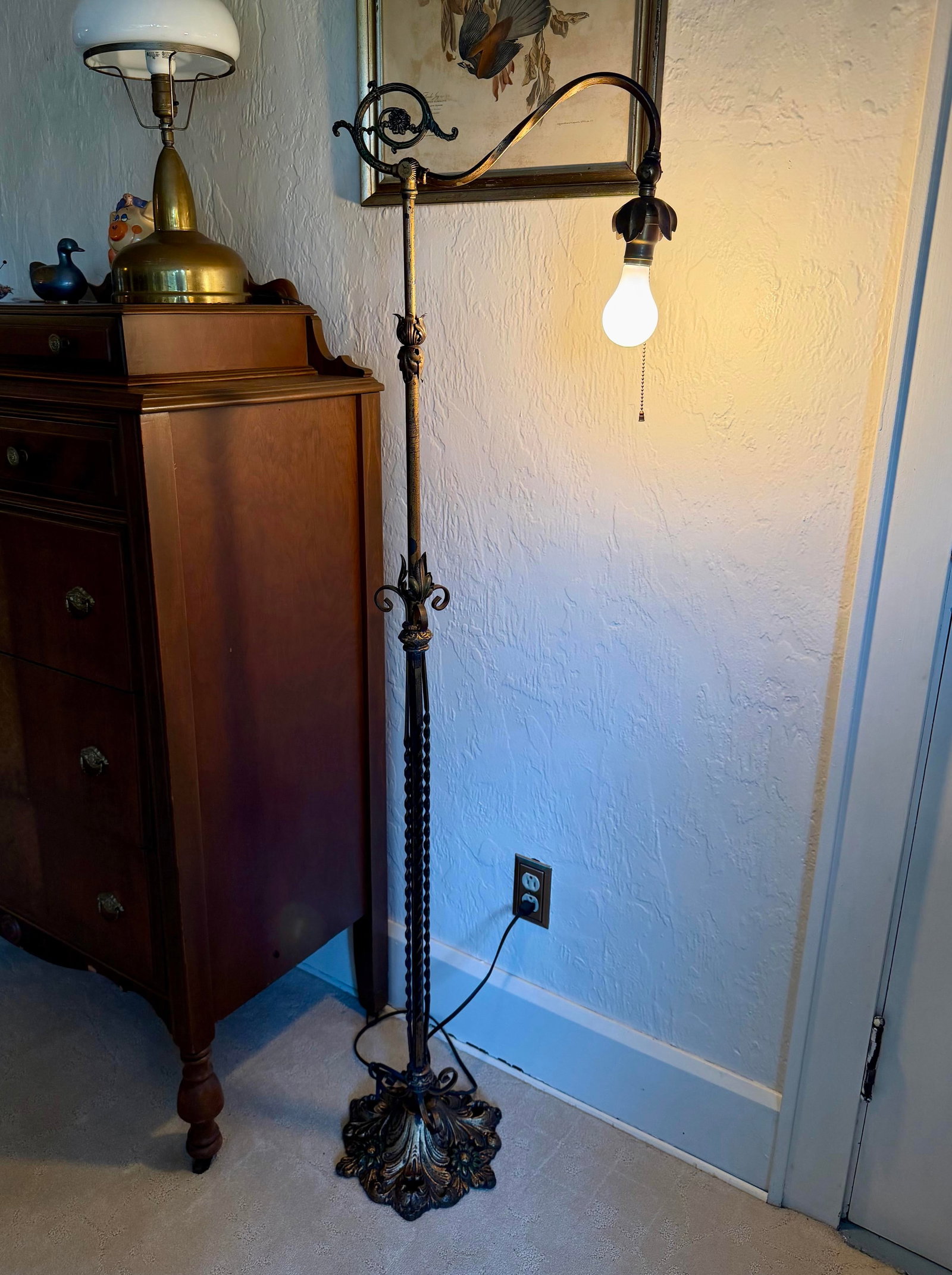 Antique Art Deco Floor Standing Bridge Arm Lamp 59", Ornate Gold & Green Floral - 11