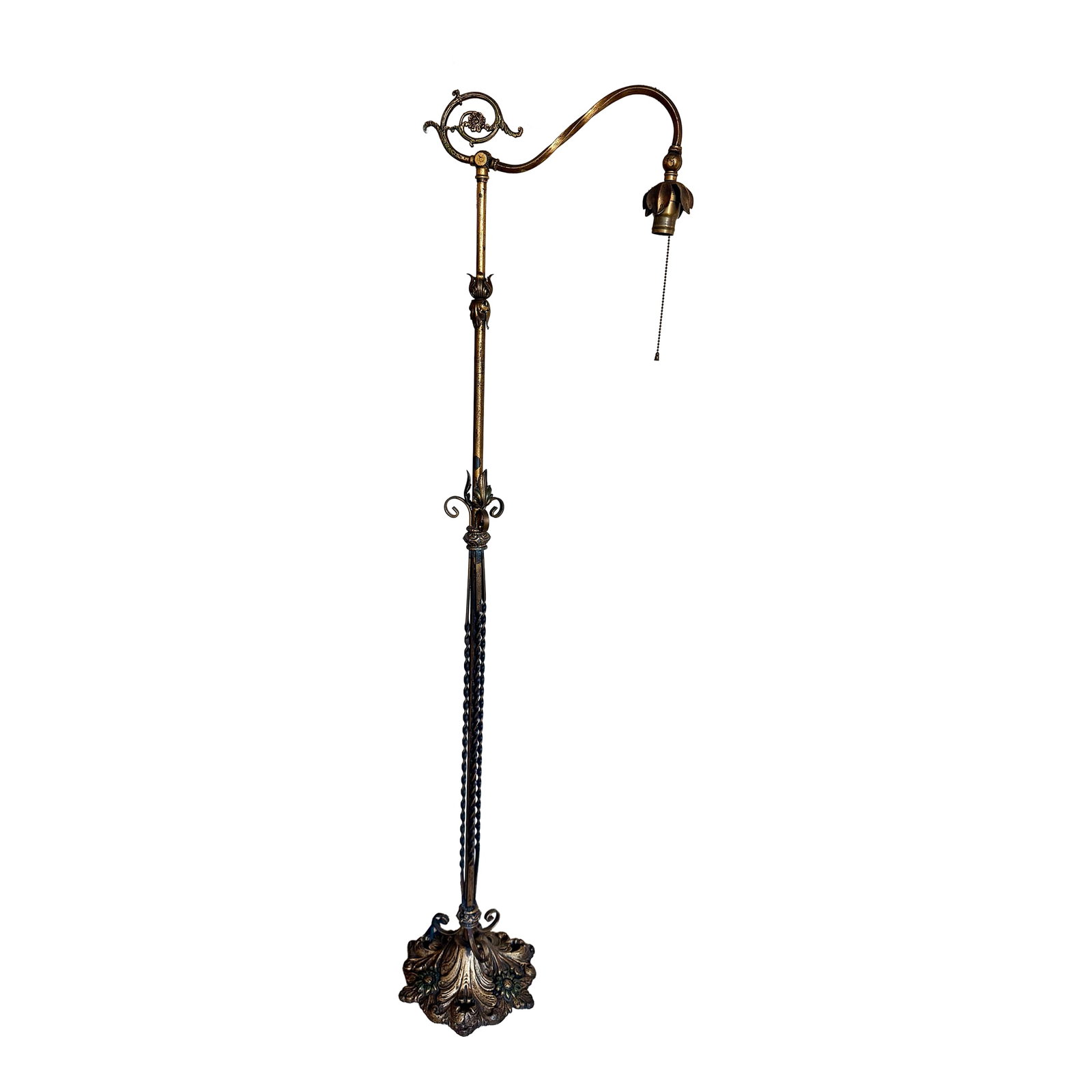 Antique Art Deco Floor Standing Bridge Arm Lamp 59", Ornate Gold & Green Floral: Beautiful lamp with lots of nice details. Condition: Alterations: Restored Imperfections: Some Imperfections Condition Notes: In antique condition with tarnishing, scuffs etc. Cord has been repaired o