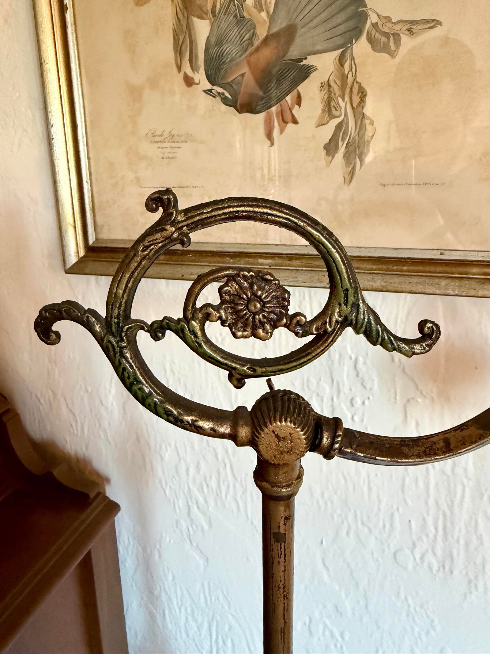 Antique Art Deco Floor Standing Bridge Arm Lamp 59", Ornate Gold & Green Floral - 2