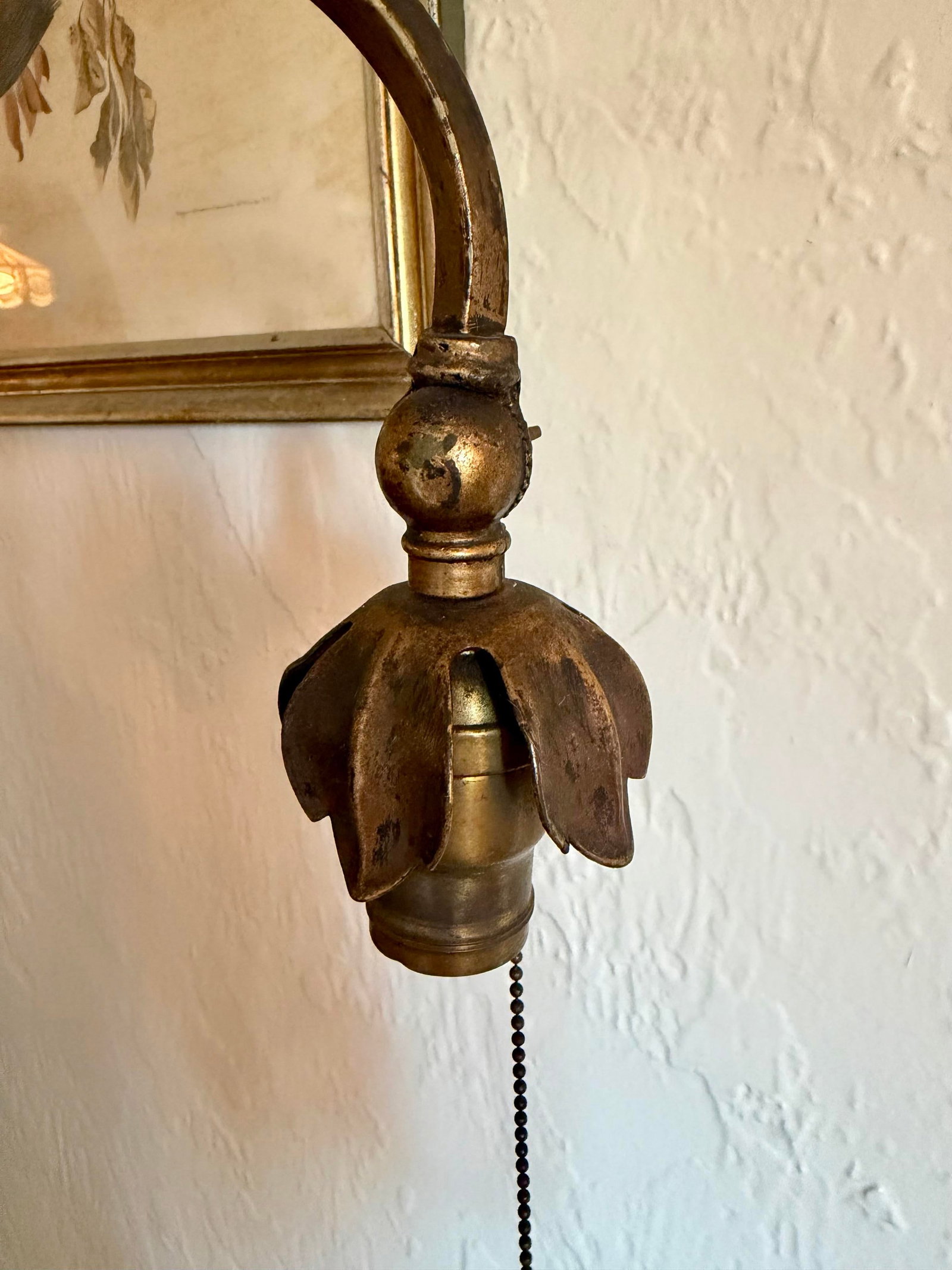 Antique Art Deco Floor Standing Bridge Arm Lamp 59", Ornate Gold & Green Floral - 3