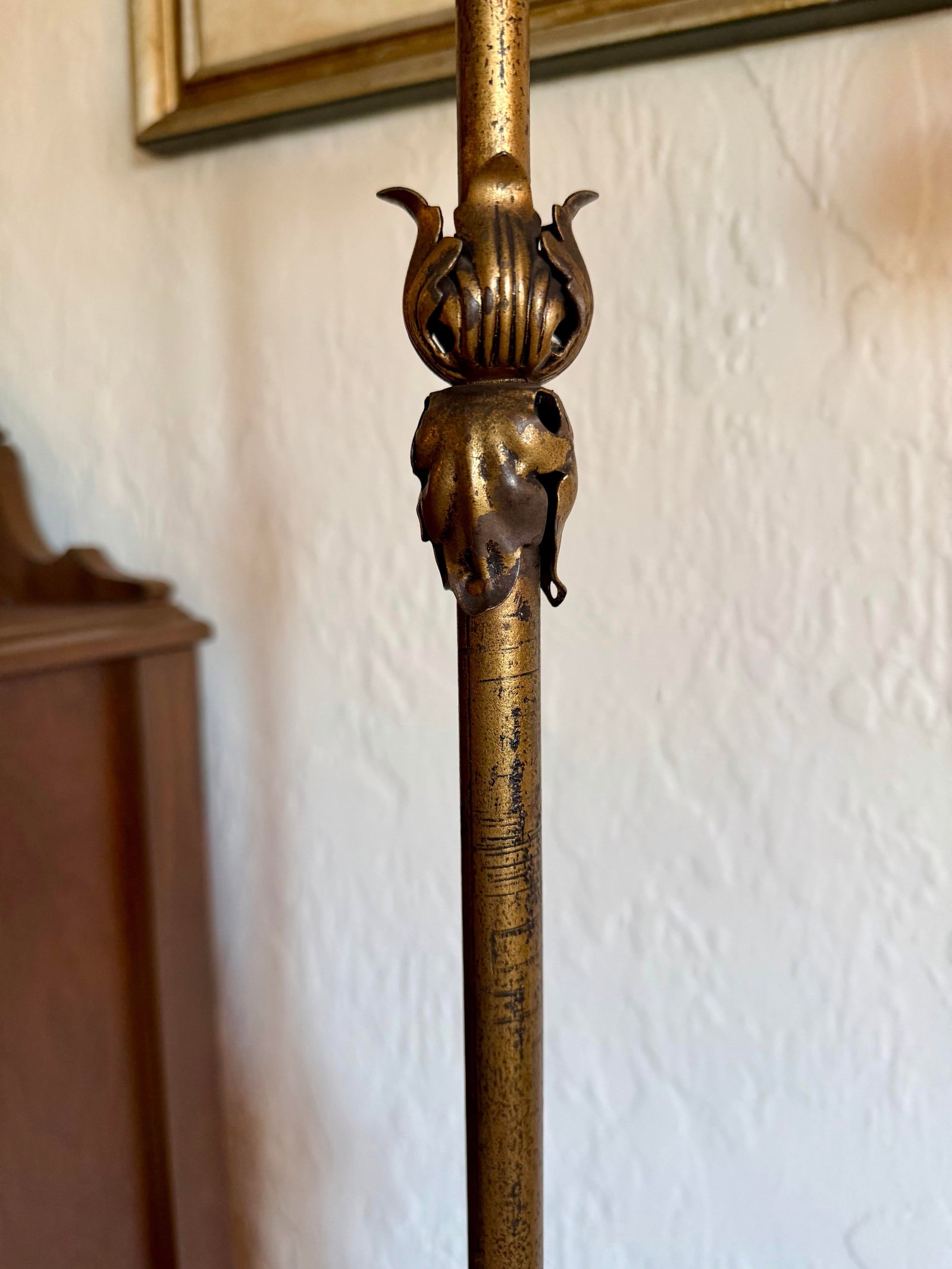 Antique Art Deco Floor Standing Bridge Arm Lamp 59", Ornate Gold & Green Floral - 4