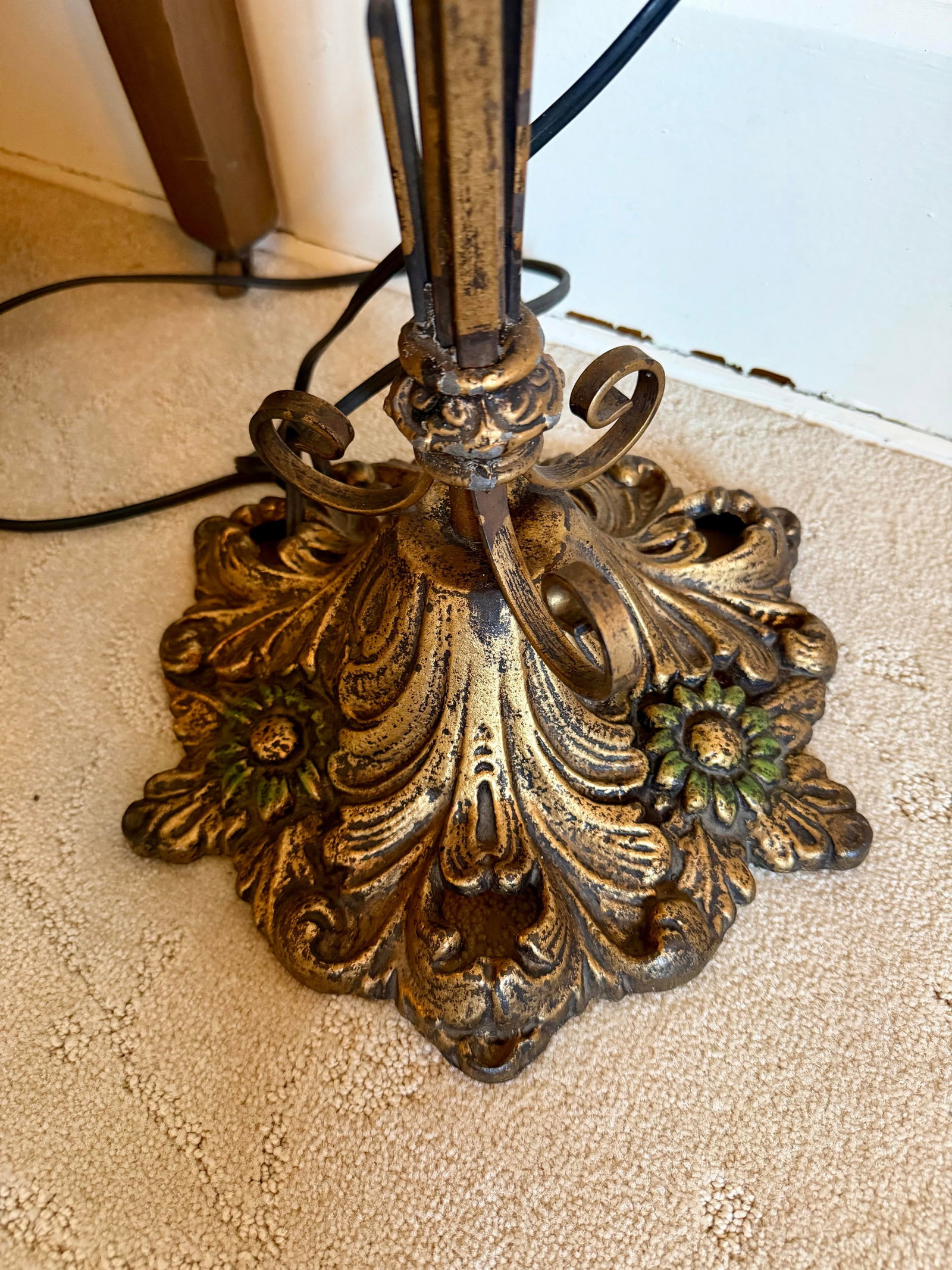 Antique Art Deco Floor Standing Bridge Arm Lamp 59", Ornate Gold & Green Floral - 6
