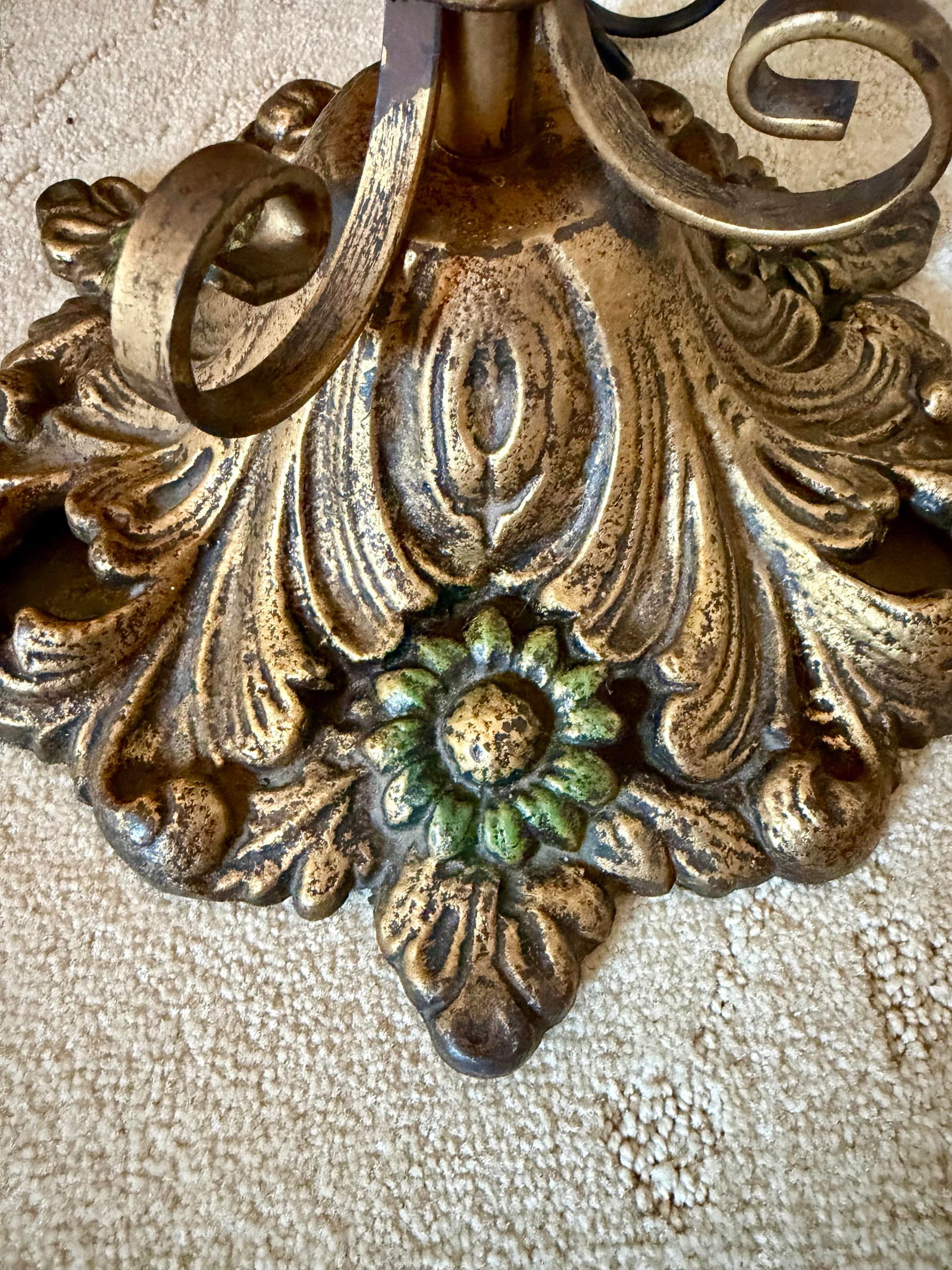 Antique Art Deco Floor Standing Bridge Arm Lamp 59", Ornate Gold & Green Floral - 7