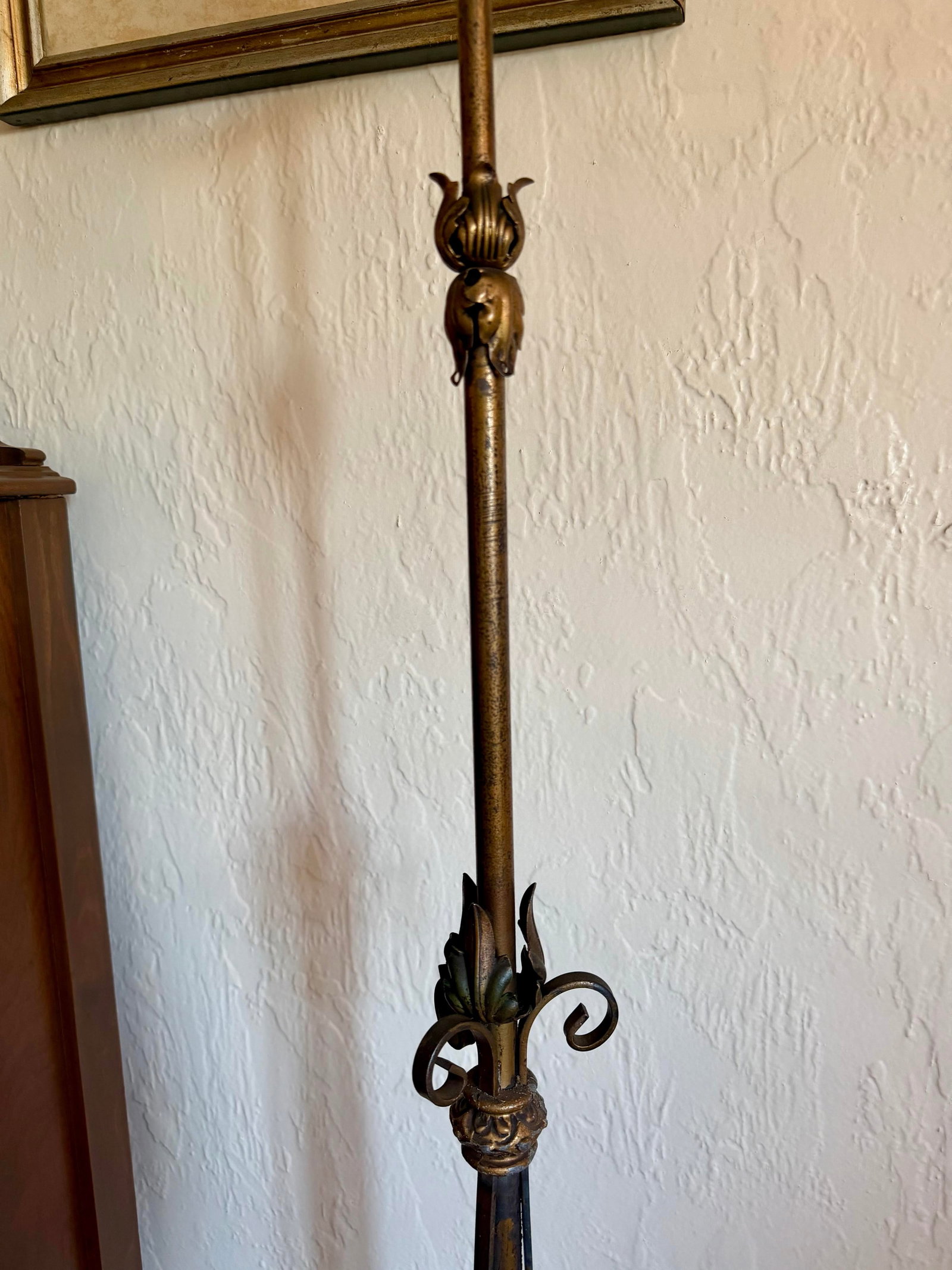Antique Art Deco Floor Standing Bridge Arm Lamp 59", Ornate Gold & Green Floral - 9