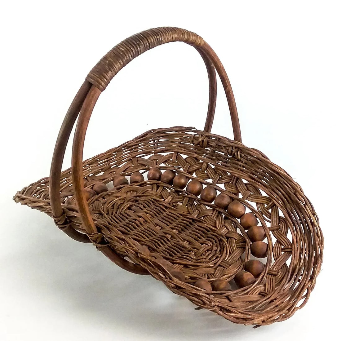 Antique Wicker and Beaded Magazine Mail Basket - 4