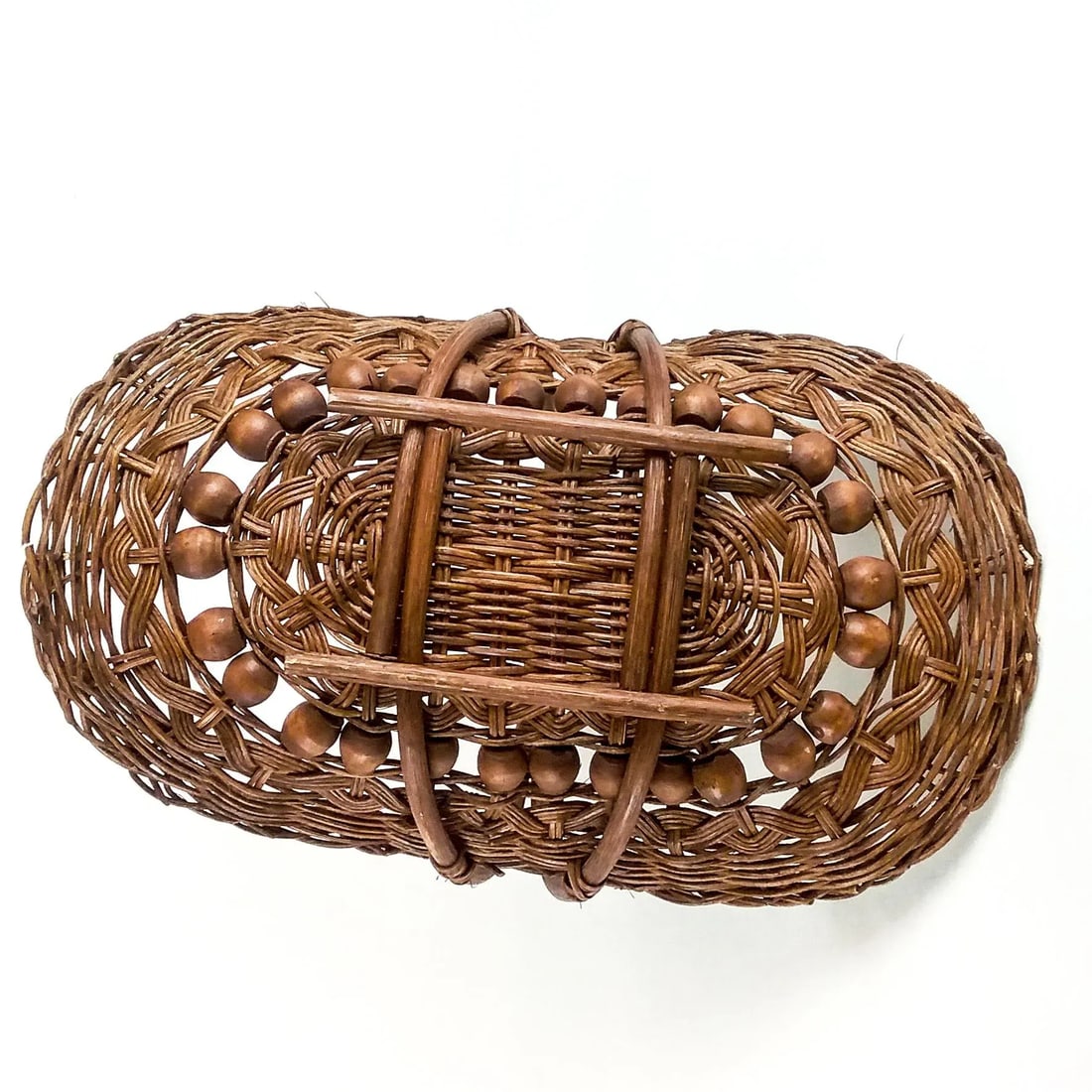 Antique Wicker and Beaded Magazine Mail Basket - 6