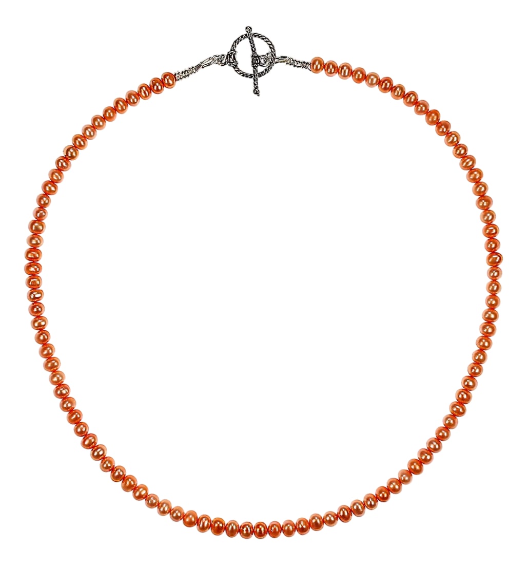 Ajd 17 Inch Peachy Orange Delicate 5mm Pearl Necklace: This 17-inch peachy-orange pearl necklace brings a soft, romantic glow to any jewelry collection. Each delicate 5mm pearl has a luminous sheen that catches the light beautifully, creating a subtle