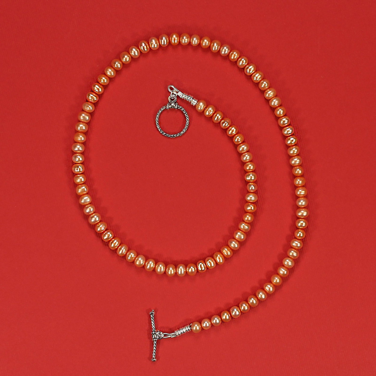 Ajd 17 Inch Peachy Orange Delicate 5mm Pearl Necklace - 3