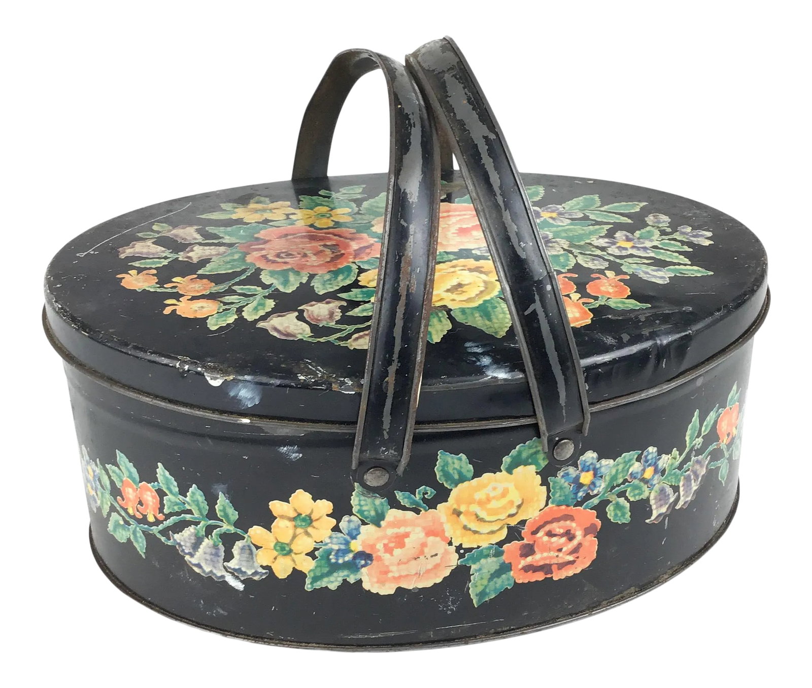 Antique Toile Transfer-Ware Covered Tin Basket: Nice needle point design over black enamel over galvanized steel. This container has loads of room with a tight fitting lid and 2 movable handles. Probably from the 1900s, it has quite a bit of wear